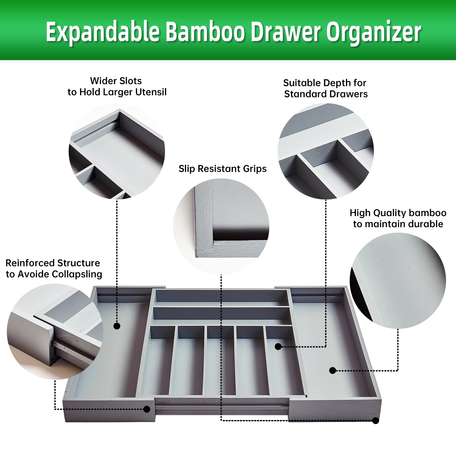 Besilord Besteck-Organizer, Küchenschublade, Organizer, Utensilien-Organizer, Bambus, Besteck-Organizer in Schublade, Besteck-Organizer (9 Fächer, Grau