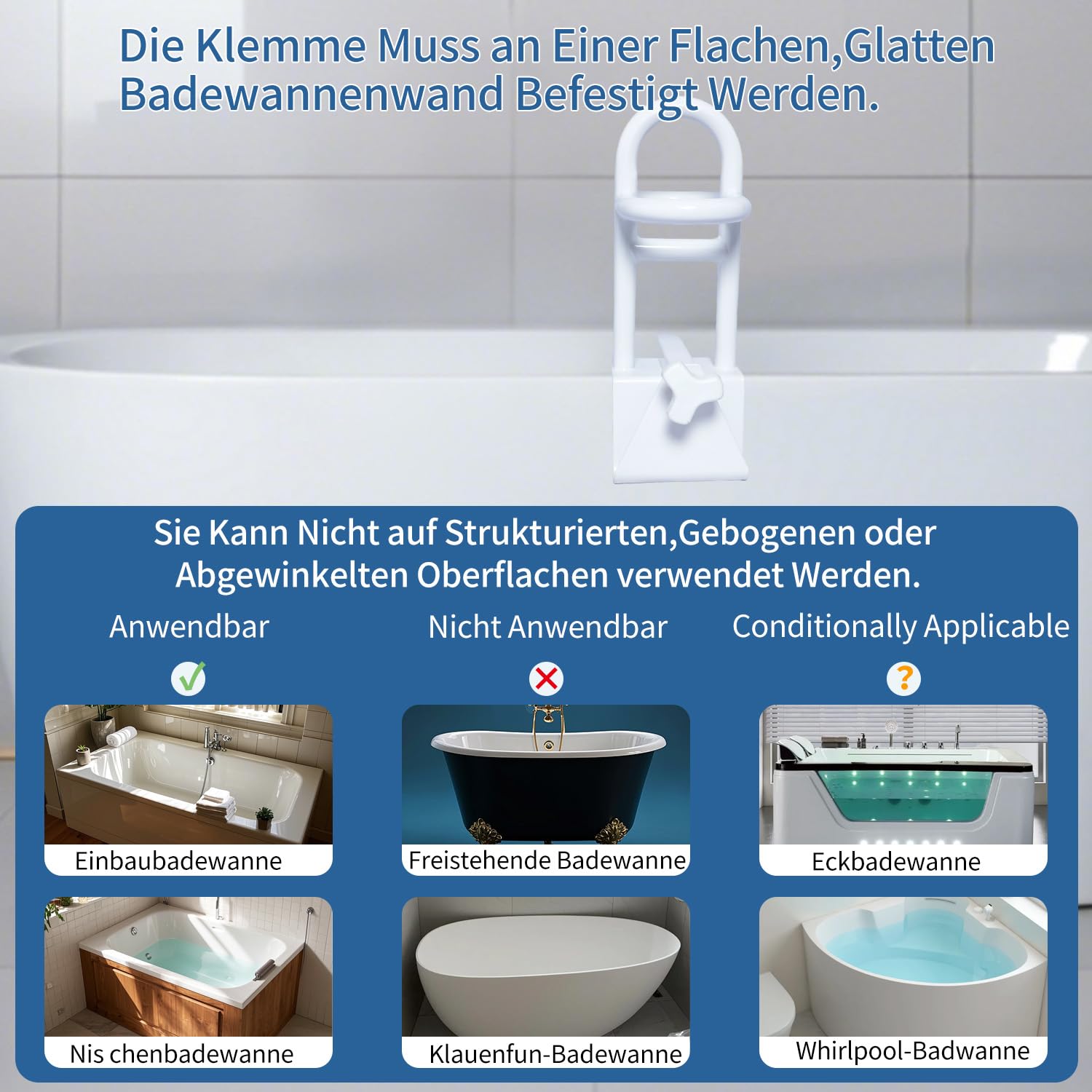 Mango triple de seguridad ajustable para bañera ajustable, antes de comprar, comprueba el grosor de la pared de la bañera > 7,5 cm, mango de bañera para personas mayores, mango de bañera sin