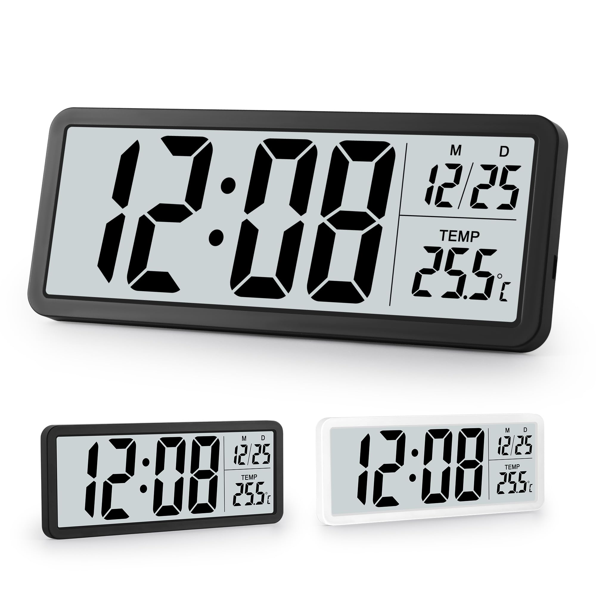 Sukeen Digital Wall Clock Battery Operated,Wall Clock Digital Clock with Big Digits,Temperature,12/24 Hr,Desk Clock for living Room Bedroom Office School Garage Warehouse-Black