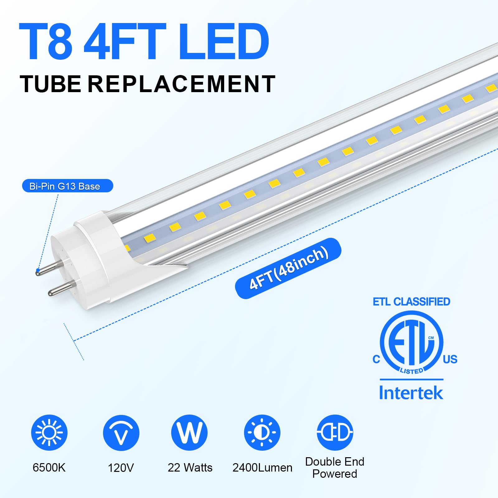 CNSUNWAY T8 LED Tube 4ft – 22W 2400LM 6500K Cool White, Ballast Bypass, Dual-Ended Power, 12-Pack For Garage & Warehouse