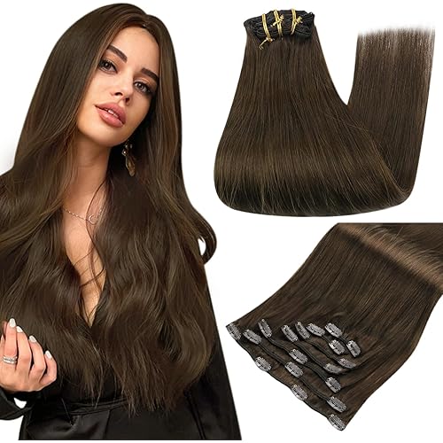 Full Shine Brown Clip in Hair Extensions Clip in Extensions Long Straight Clip in Human Hair Extensions Invisible Hair Extensions 120 Gram Double Weft Human Hair Clip ins 7Pcs 24 Inch