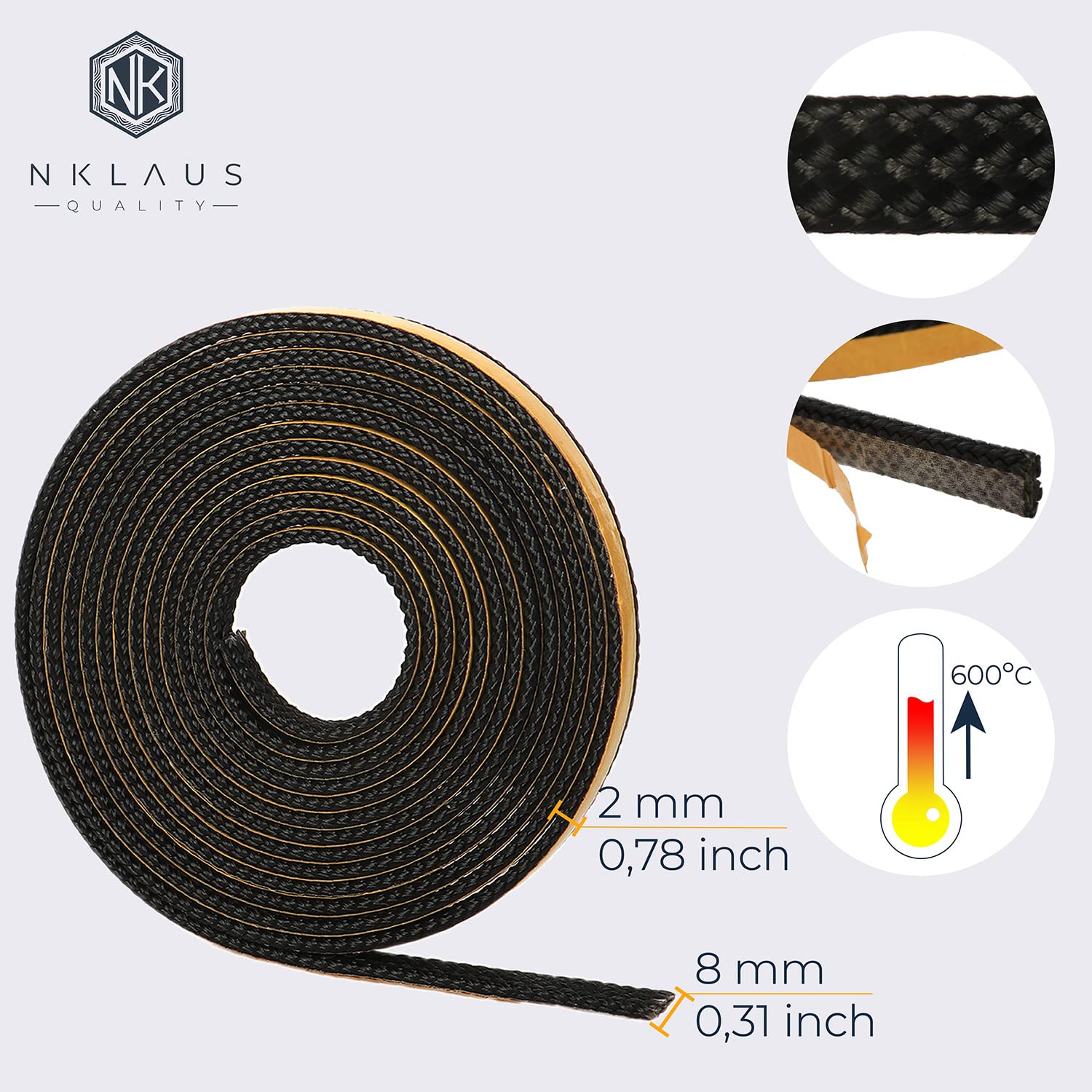 NKlaus Dichtungsband 8x2mm, 5m, selbstklebend, Kamindichtung, 1 Stück