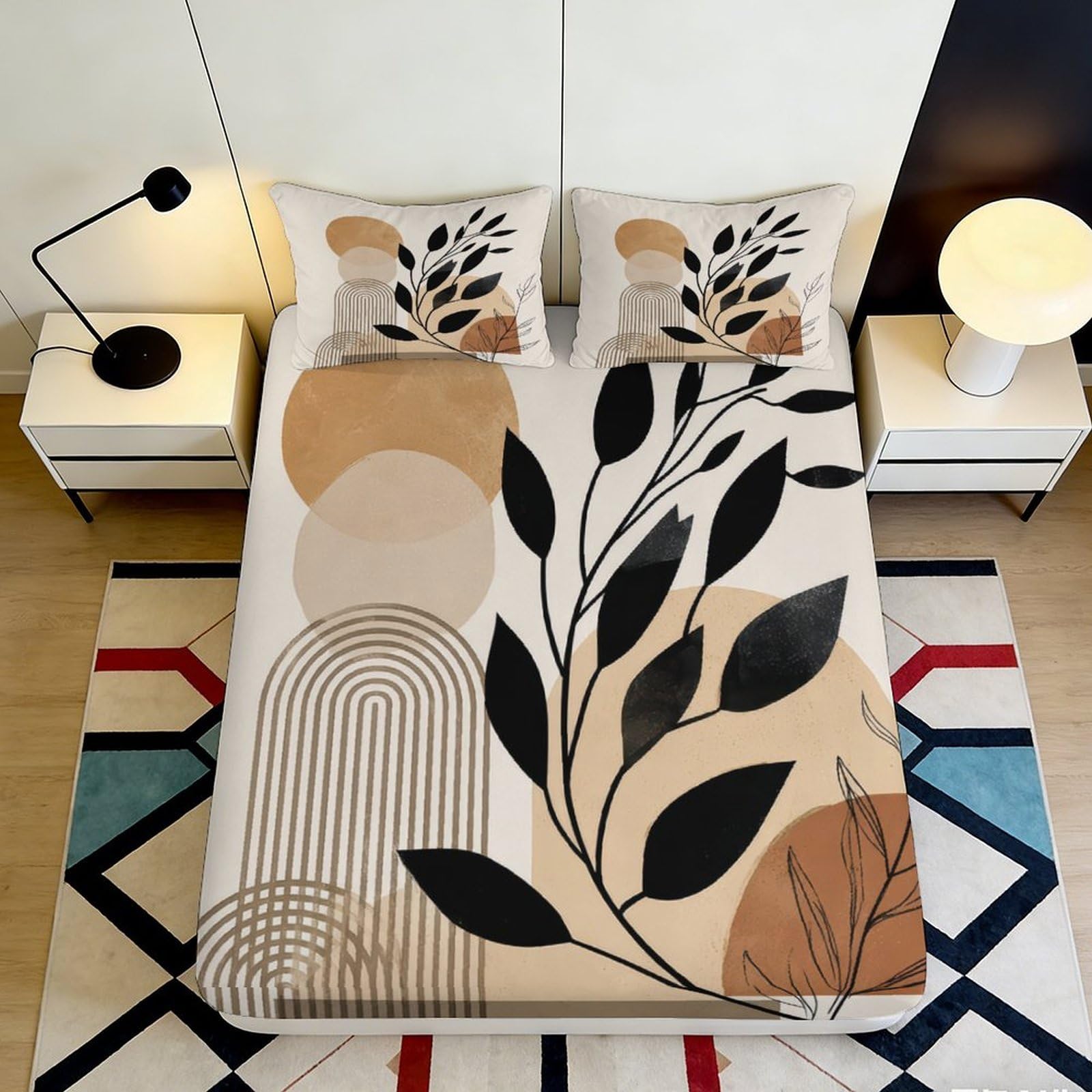 3D Printed Abstract Botanical Fitted Sheet Microfiber Soft Breathable Geometric Bed Cover for Bedroom Dormitory Guest Room Mattress Protection 90x200x25cm