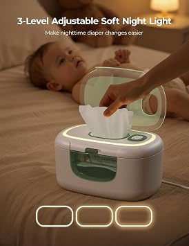 Momcozy New Baby Wipe Warmer, Large Capacity Wipe Dispenser Compatible with 60-80pcs,10-Min Fast Heating,4 Temperature Modes,Innovative Spring Design,Silicone&Top Seals,Even Heating,3-Level Nightlight