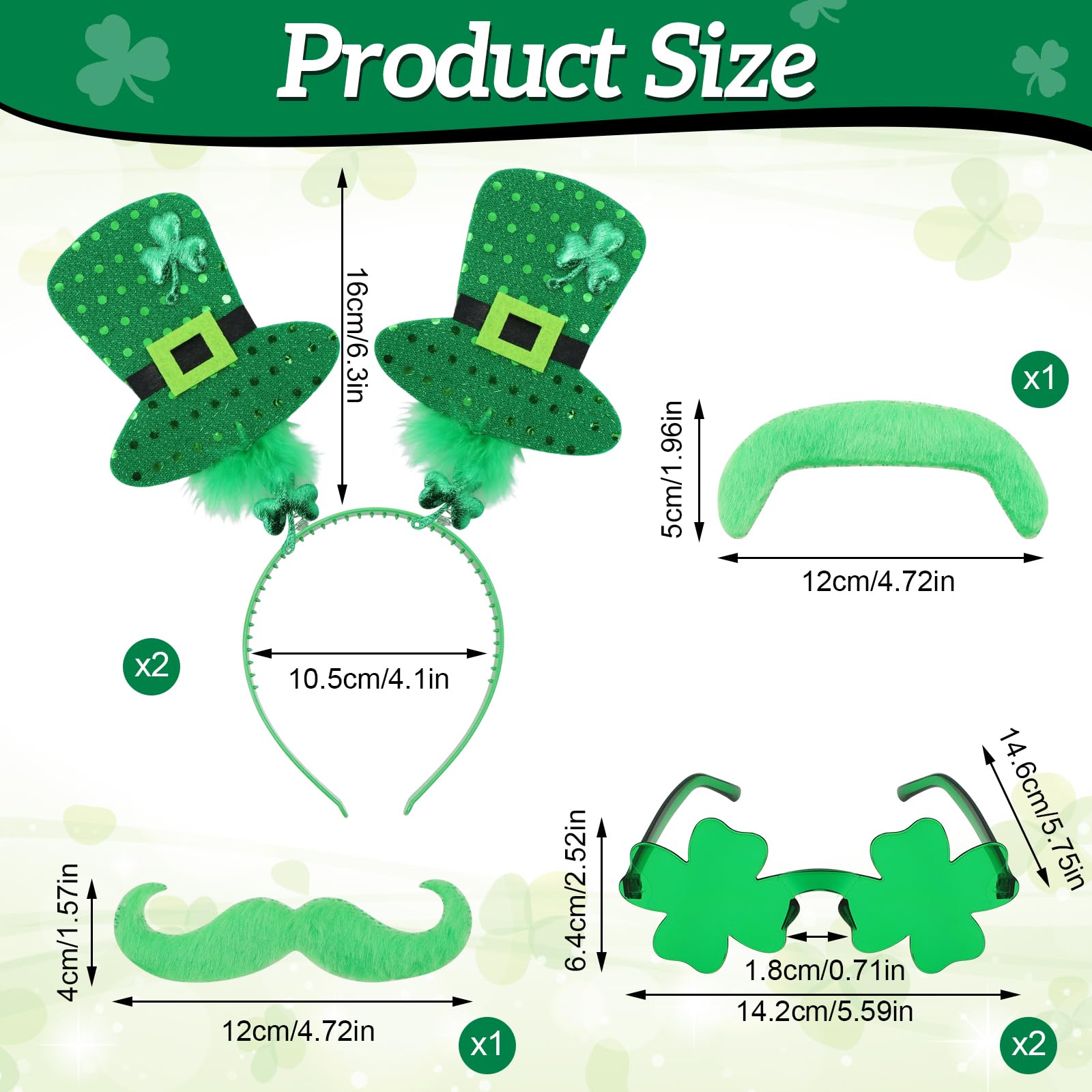 ZOCONE 6Pcs St Paddy's Day Accessories Includes 2 St Patrick Headband, 2 works of Shamrock Glasses - Image 2