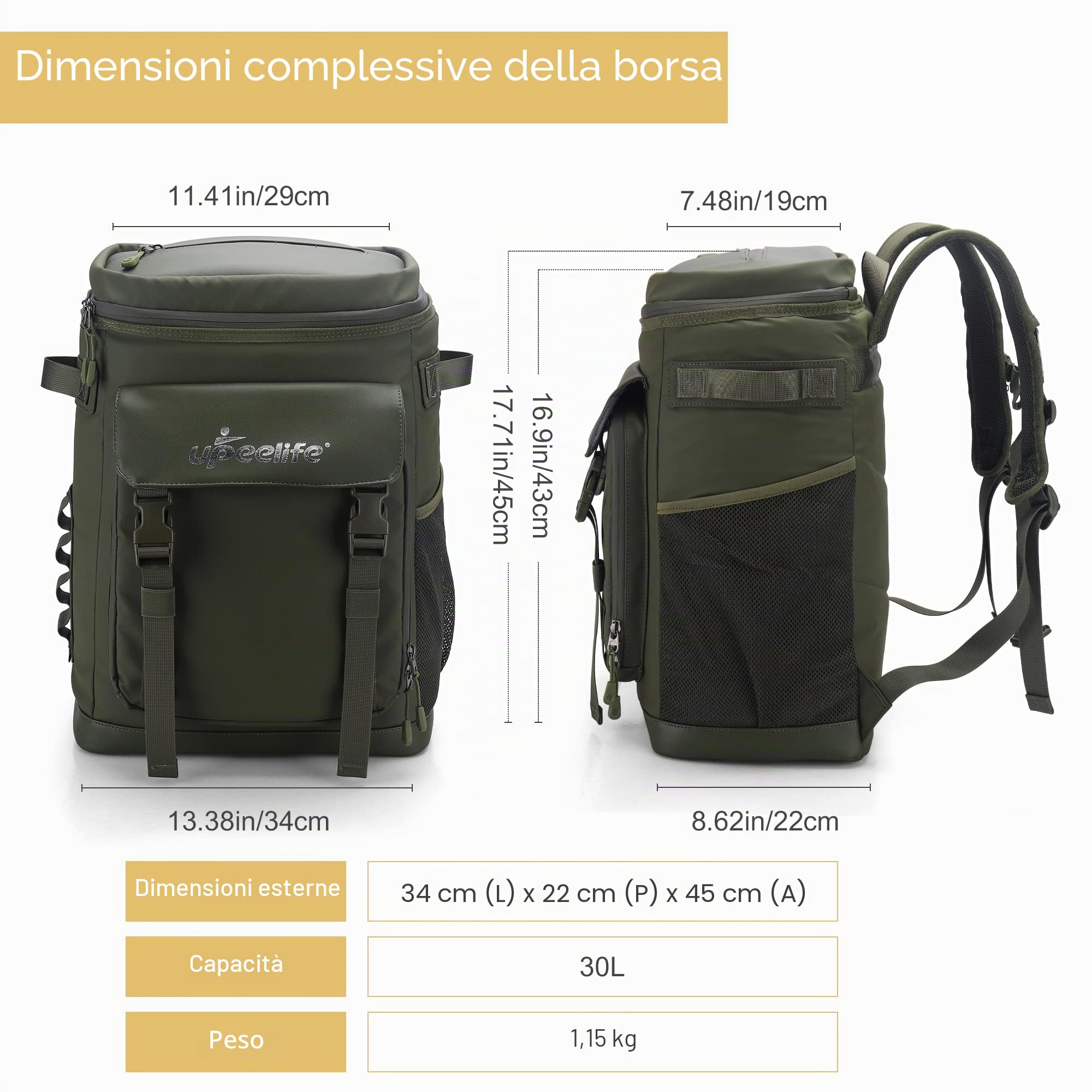 Upeelife Zaino Termico Grande 30 Litri Con Cinghia Di Fissaggio Regolabile Per Coperta, Borsa Termica Impermeabile Borsa Frigo Isoterma Per Campeggio, Pranzo, Escursioni,Spiaggia,Famiglia all'apert.