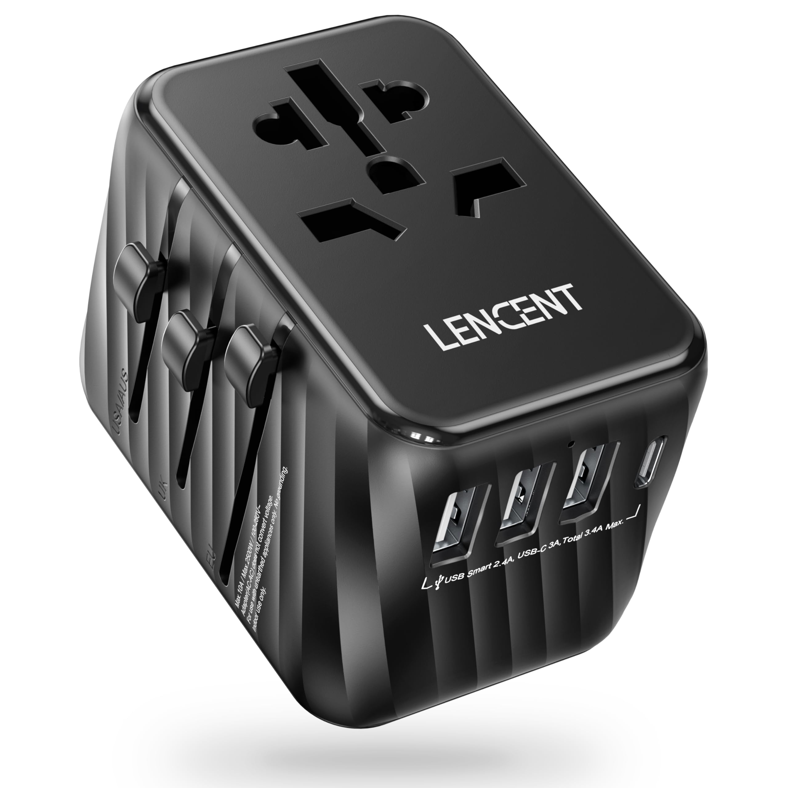 LENCENT Universal Travel Power Adapter, International AC Plug Adaptor with 3 USB A Ports 1 Type C PD Wall Charger Worldwide Travel Essentials for UK to EU US Ireland Australia (Type C/G/A/I) Black