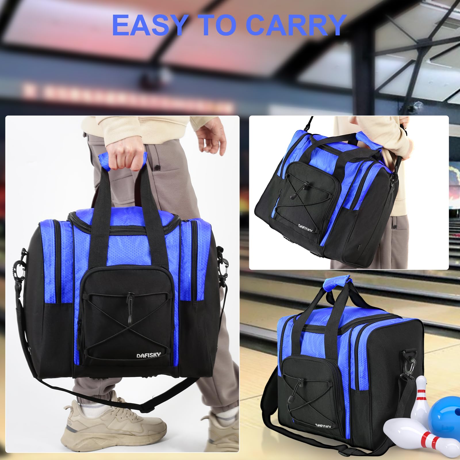 DAFISKY Sac fourre-tout pour boule de bowling avec support rembourré, 2 poches pour chaussures de bowling jusqu'à la taille 42 et accessoires (bleu)