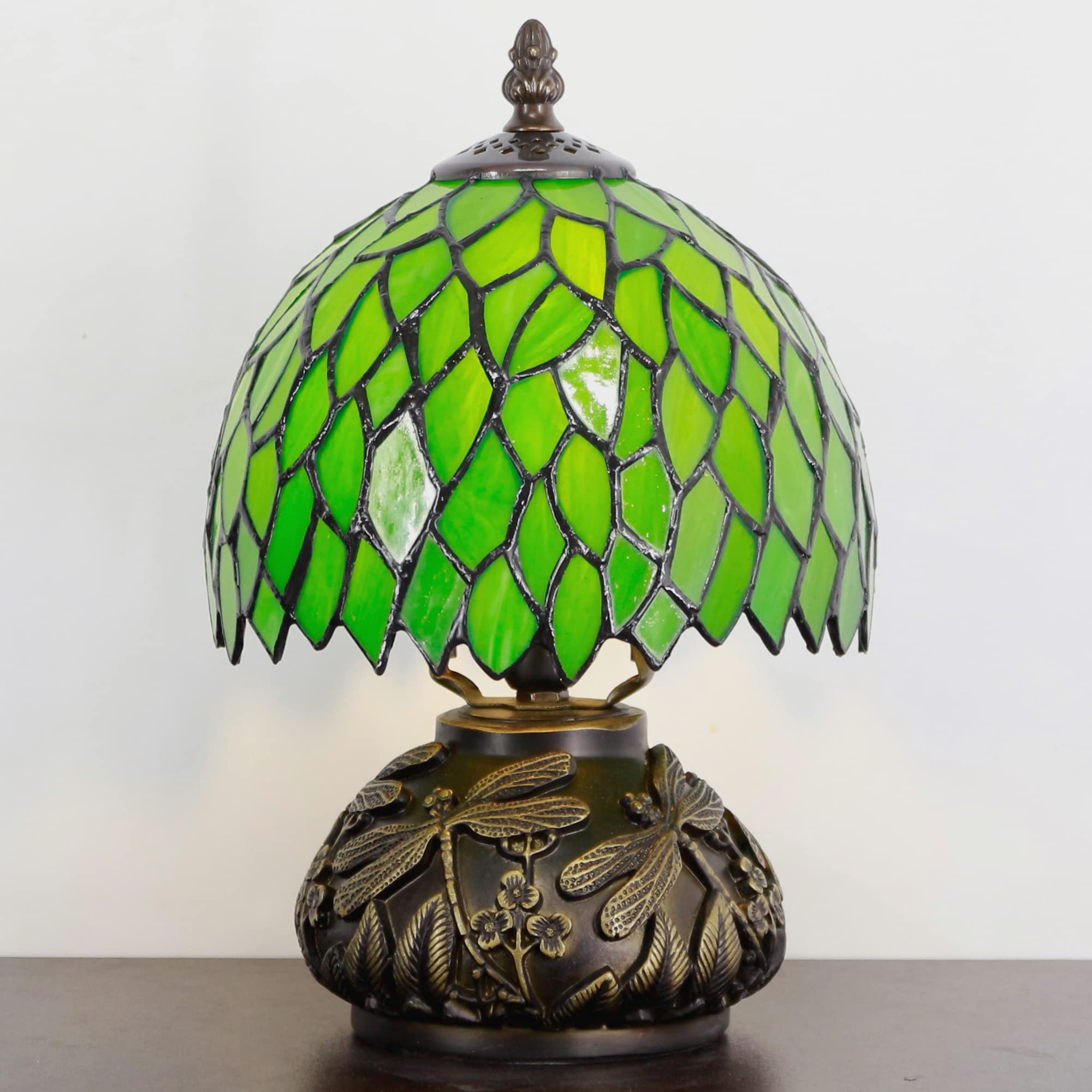 Small Tiffany Lamp Mini Stained Glass Table Lamp Green Wisteria Leaf Style Mushroom Desk Light Memory Sympathy Lamp 8X11 Inch