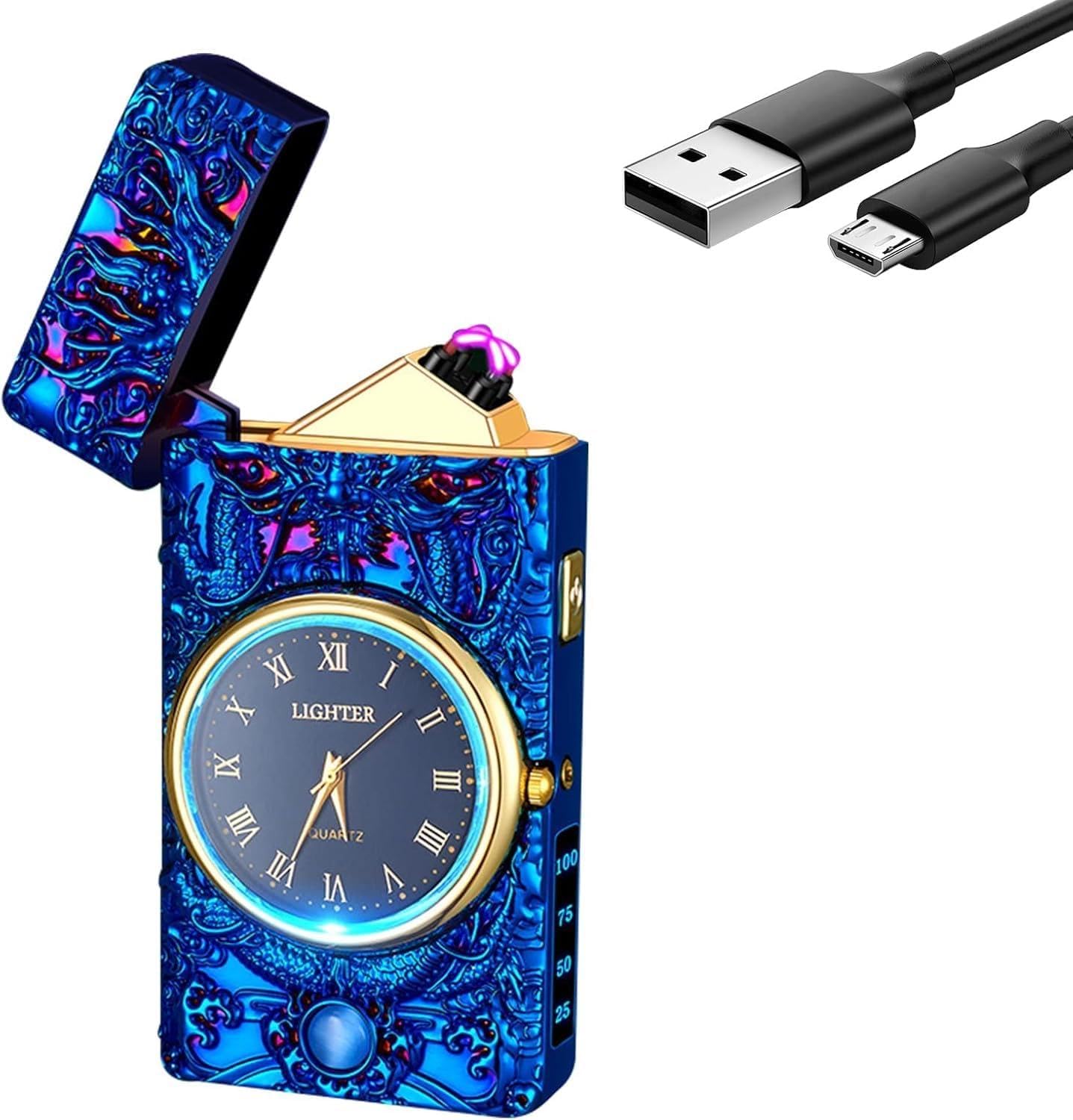 GADATOP Dragon Briquet électrique à arc plasma résistant au vent sans flamme rechargeable par USB avec cadran lumineux et éclairage LED (bleu)