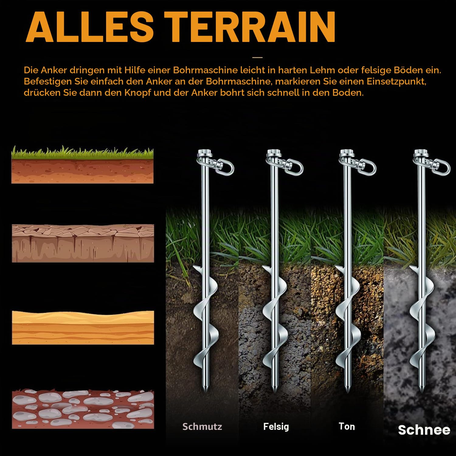Zeltheringe zum Einschrauben, 30 cm, 16-teiliges Set mit T-Griff, Sechskantschlüssel und Bohrer, robuste Erdspieße für Wohnmobil, Schuppen, Trampolin