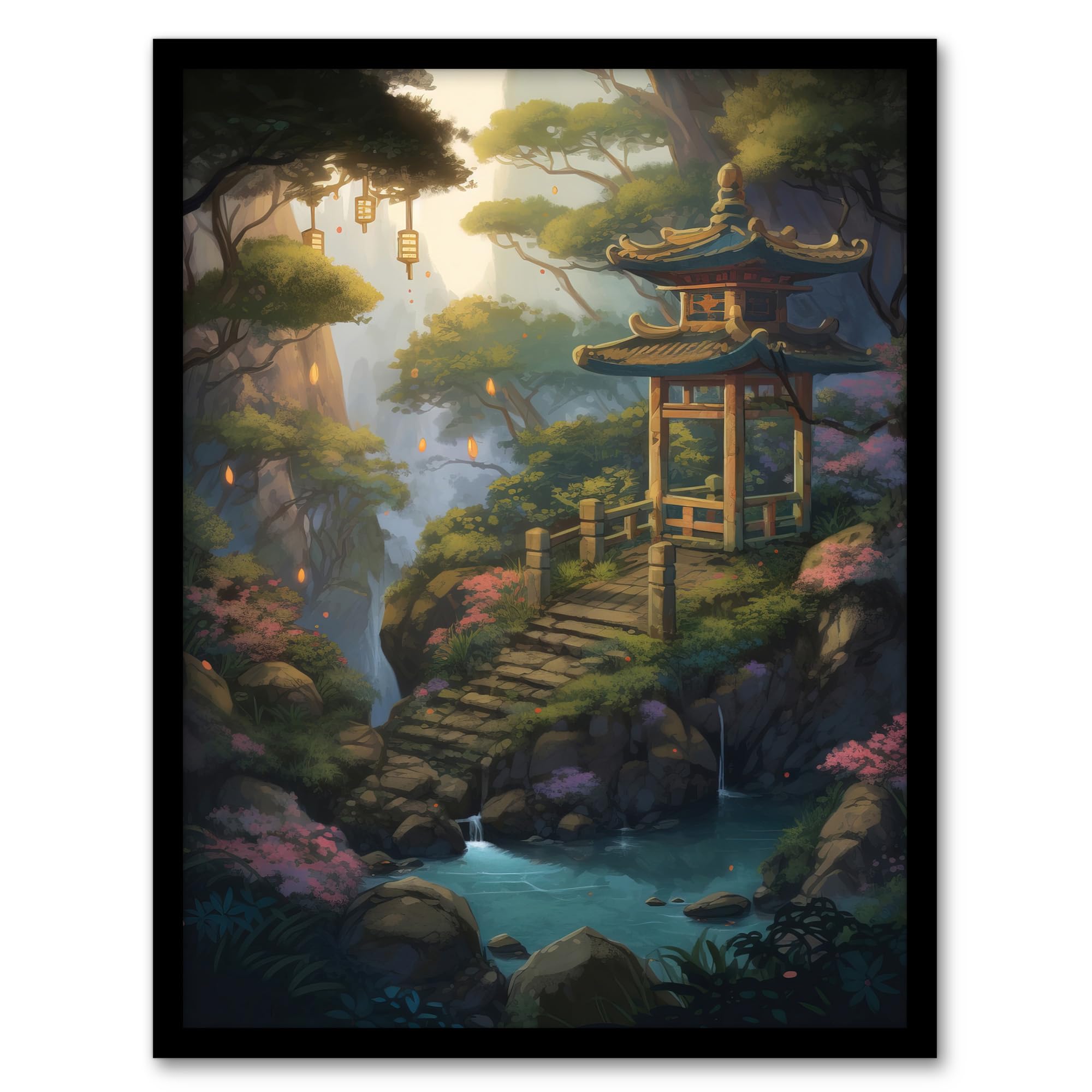 Artery8 Japanese Garden Painting Traditional Tower and Tree Lanterns by Lake Spring Flowers and Bridge Artwork Framed Wall Art Print A4