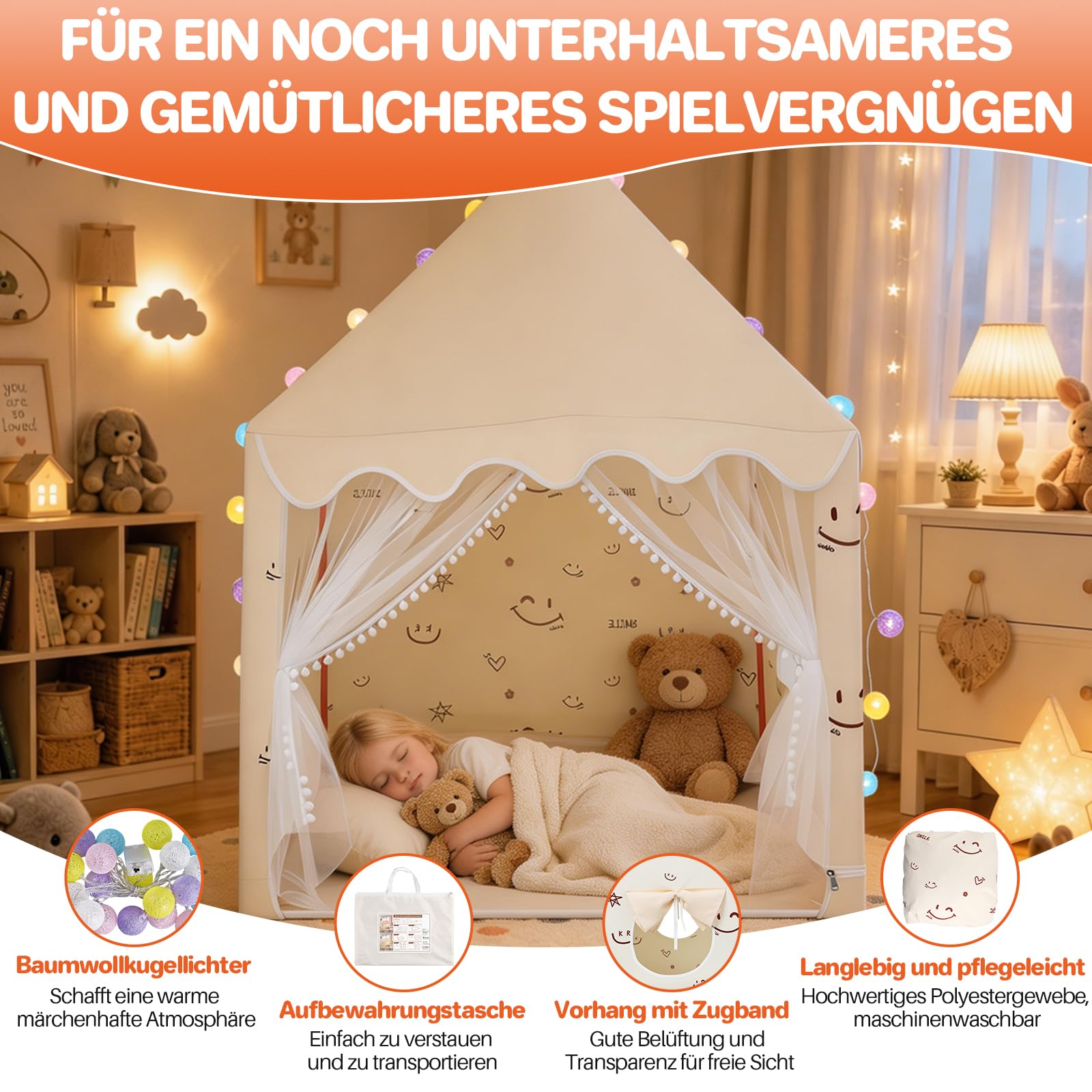 FUNYKICH Kinder Spielzelt, Kinderzelt Robust Innen & Außen 120x100x130cm | Metallstangen, inkl. Lichter, tragbar, Waschbares, Belüftung, werkzeugloser Aufbau, multifunktionales Spielhaus, für 2–3 Kids