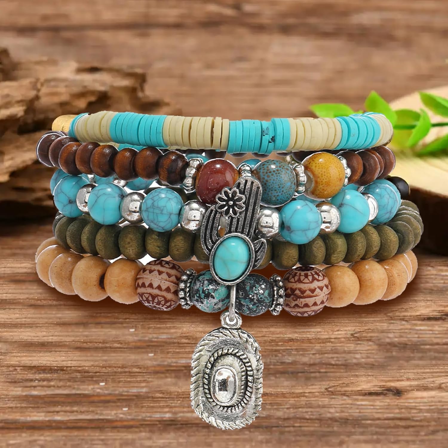 5Pcs Bohemian Beaded Bracelet, Western Turquoise Bracelets Handmade Stackable Beaded Stretch Bracelet Vintage Country Cowgirl Jewelry Accessories for Women - Image 3