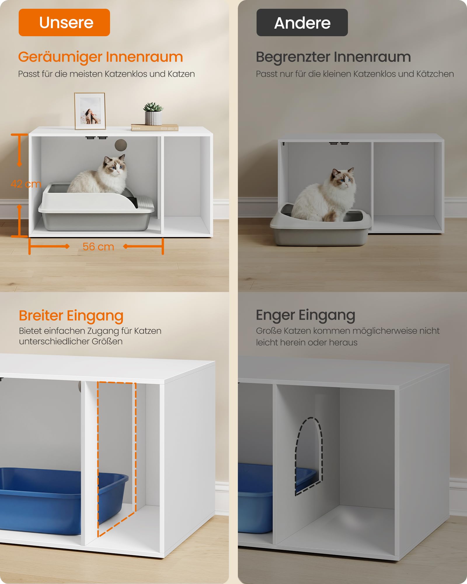 Feandrea Custos Kollektion - Katzenklo-Schrank, Moderne Katzentoilette, Katzenhaus, Vordereingang, Doppeltüren mit Griffen, Beistelltisch, für Wohnzimmer, 80 x 50 x 45 cm, mattweiß PCL020WB02