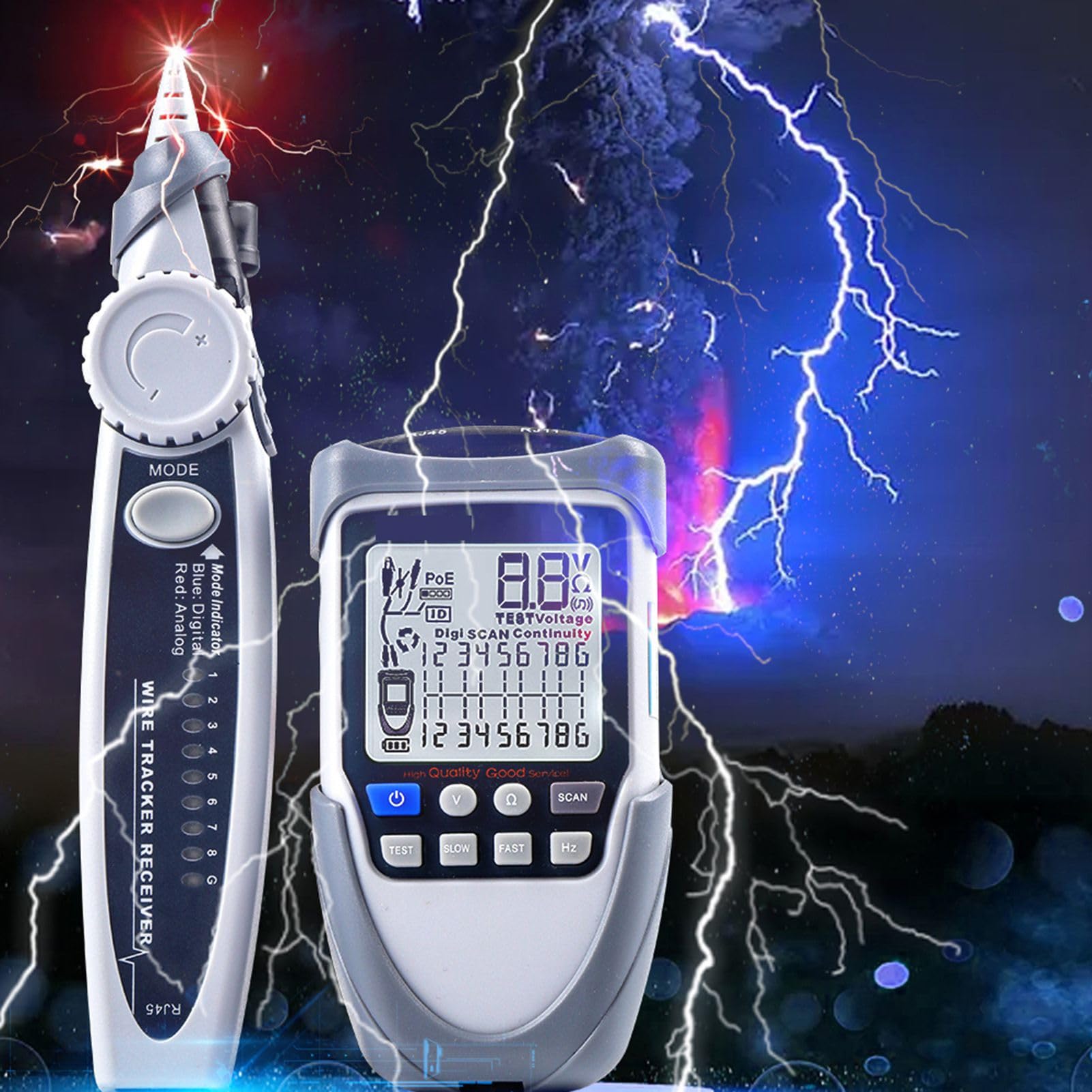 Wakects Tester per Cavi di Rete Portatile Portatile, Tracciatore di Cavi Multifunzione ABS con Display LCD, Controllo polarità Tensione POE, Tracciamento Digitale e Analogico, Torcia per Tecnici di