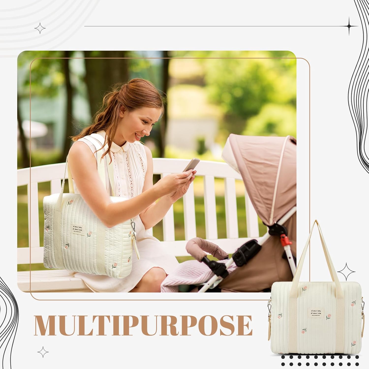 Paterr 2pcs Quilted Diaper Bag Tote Set Multifunction Cotton Maternity Hospital Bag Overnight Travel Handbag for Women Nurse