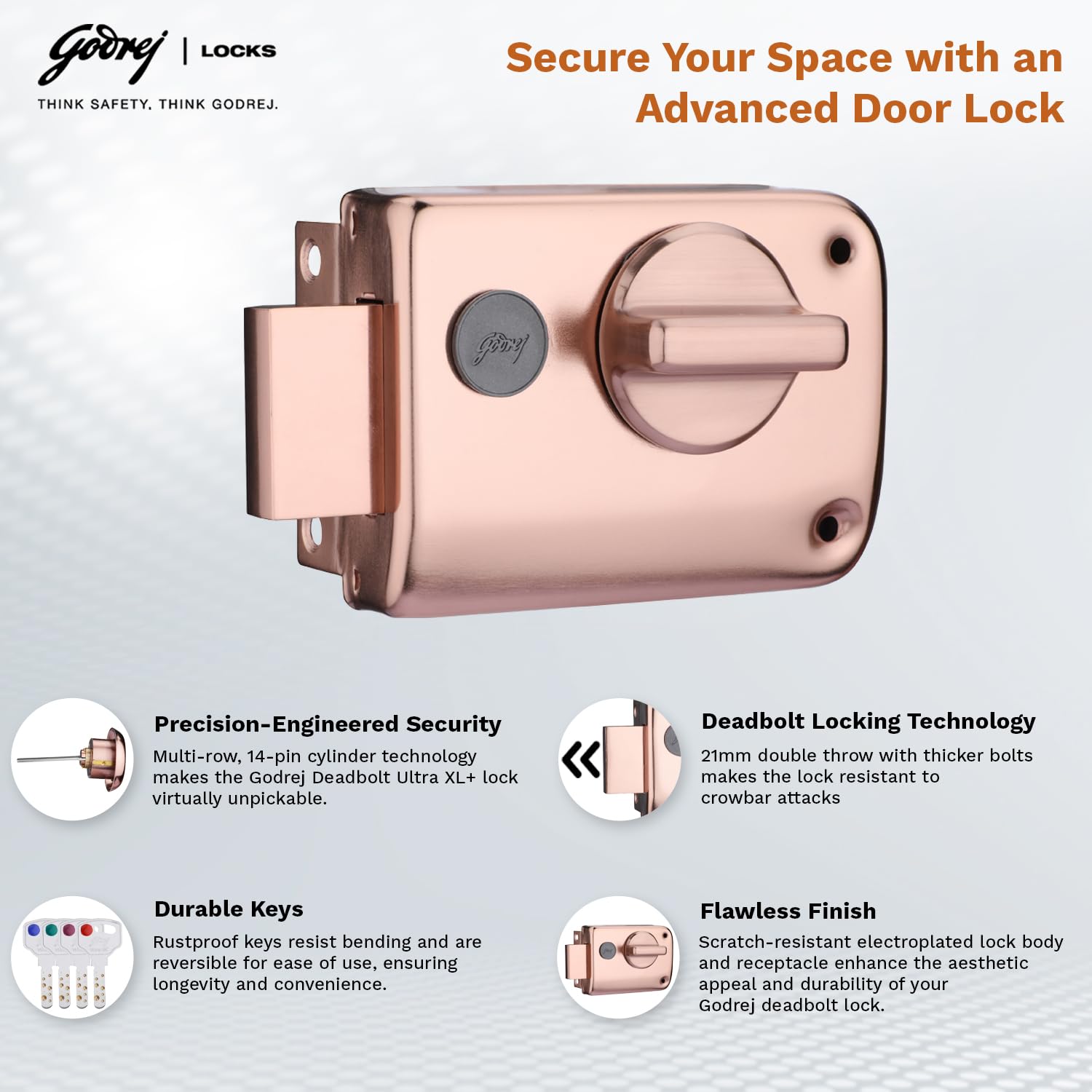 Godrej Rim Lock I Rim Deadbolt Ultra XL+ I 1CK Deadbolt I for Inside Opening Wooden Door | Left/Right Handed Doors I 4 Keys I 5-Year Warranty I Manual Locking l Rose Gold Finish 3