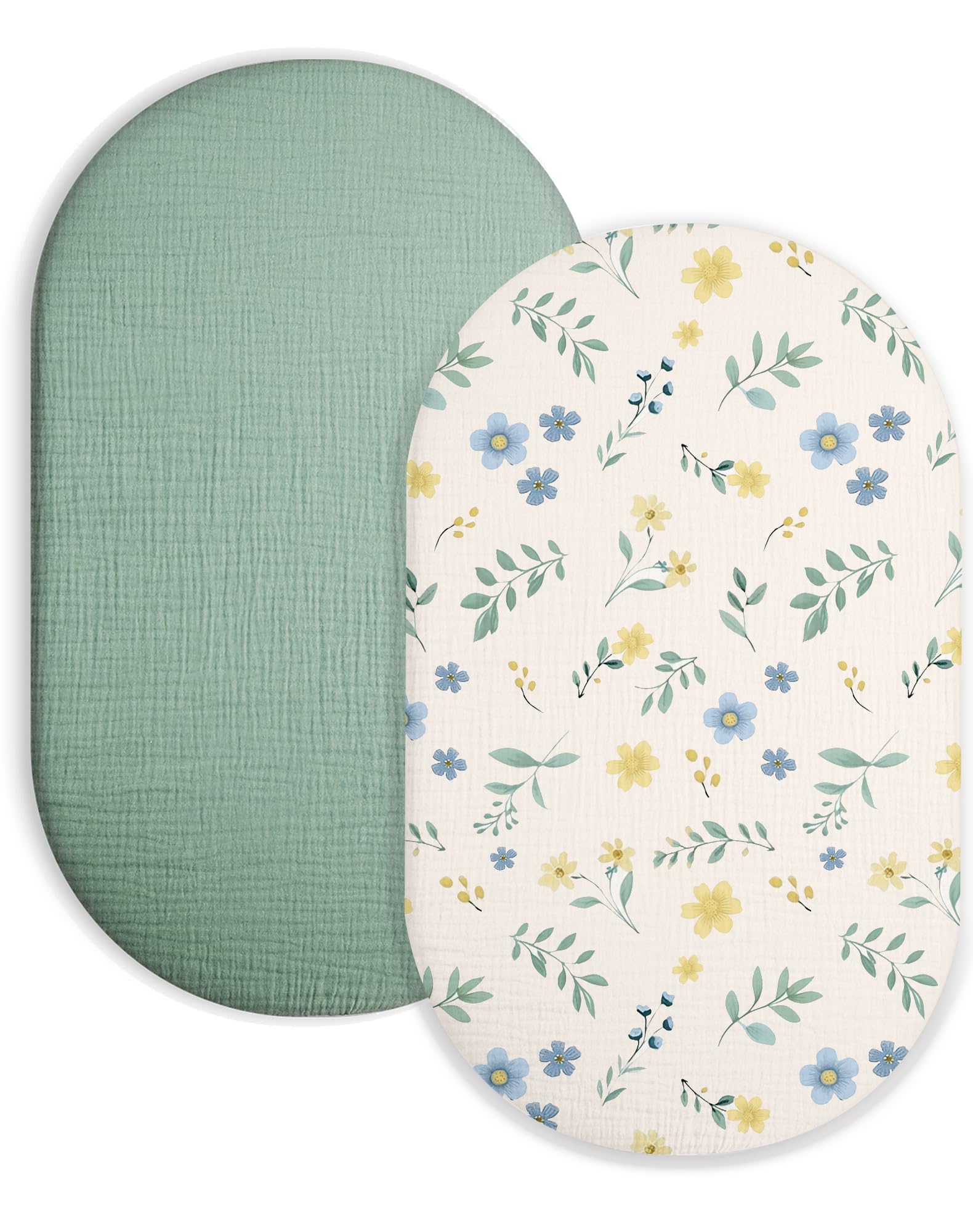 Muslin Bassinet Sheets 2 Pack, 33" x 17", (Spring Garden &amp; Sage)
