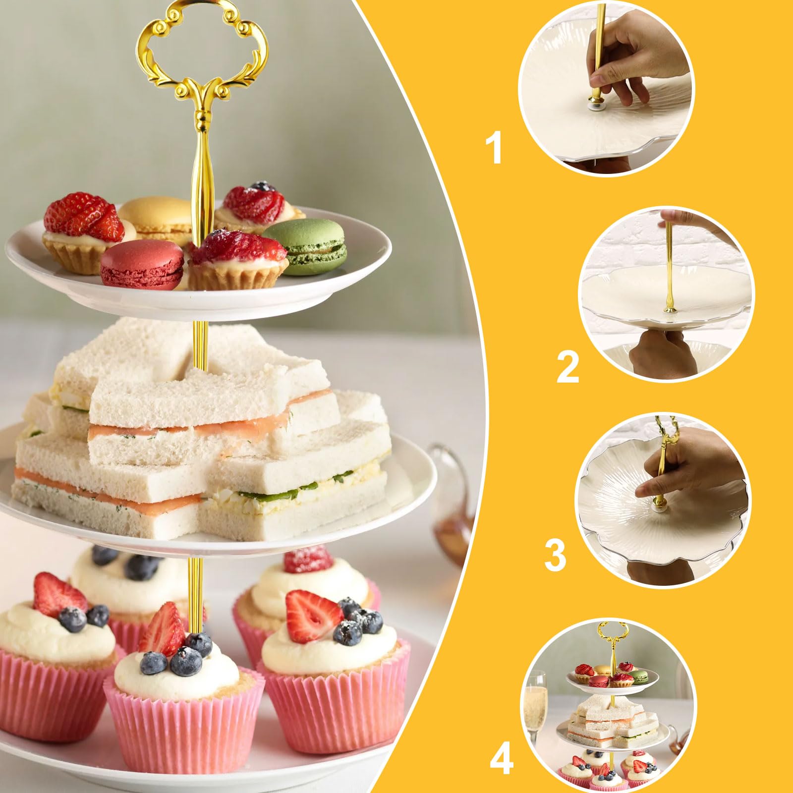 Zasjon Lot De 4 Ensembles Support Présentoir Gâteaux 3 Niveaux - Tiges Métal Pour Stand Cupcakes Mariage