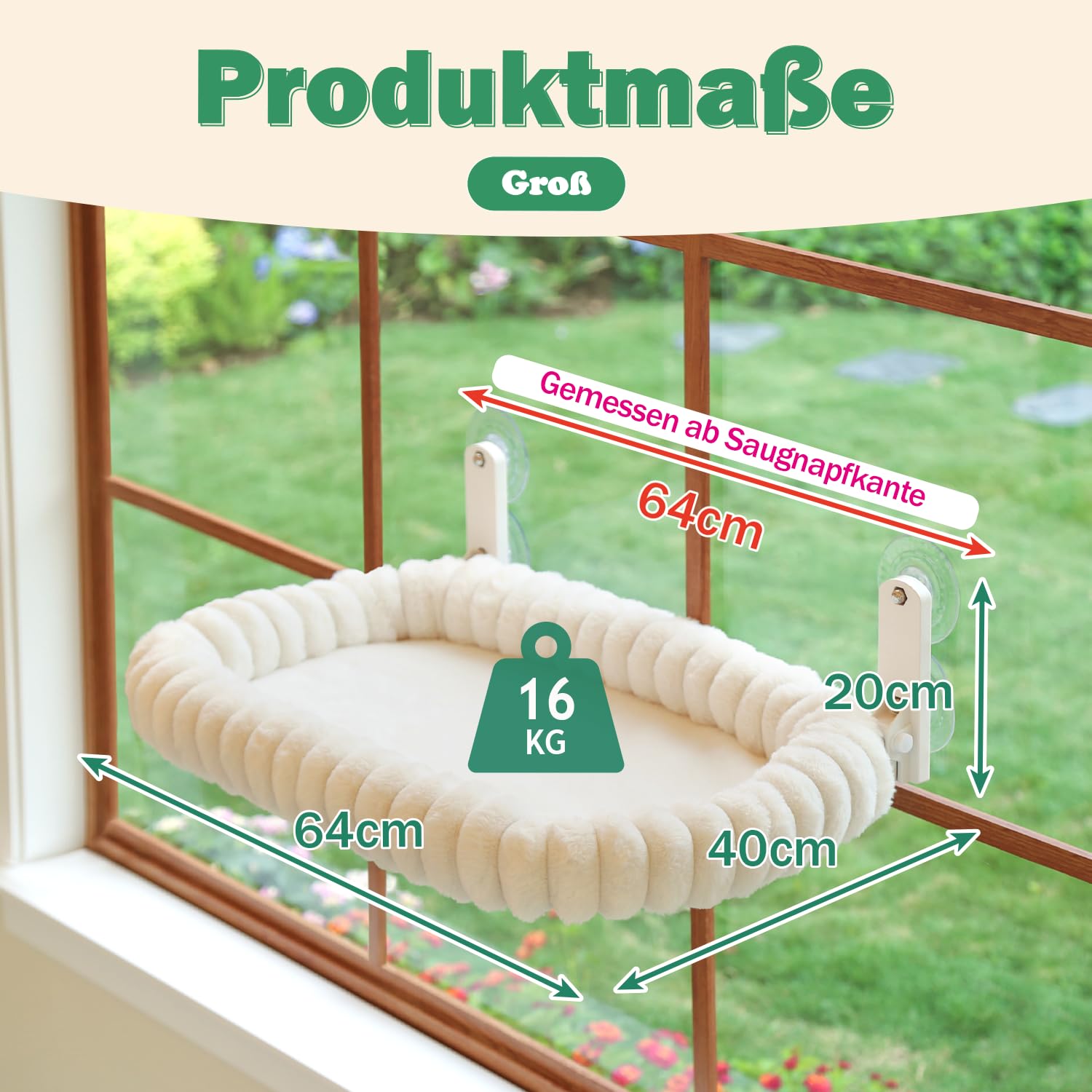 Zakkart SnugCloud Klappbarer Katzen-Fensterplatz – Kabellos, kuschelweiches, waschbares Bett mit 4-Seiten-Polster & Metallrahmen als Fenster-Hängematte für große Katzen & Kätzchen (Weiß, Größe L)
