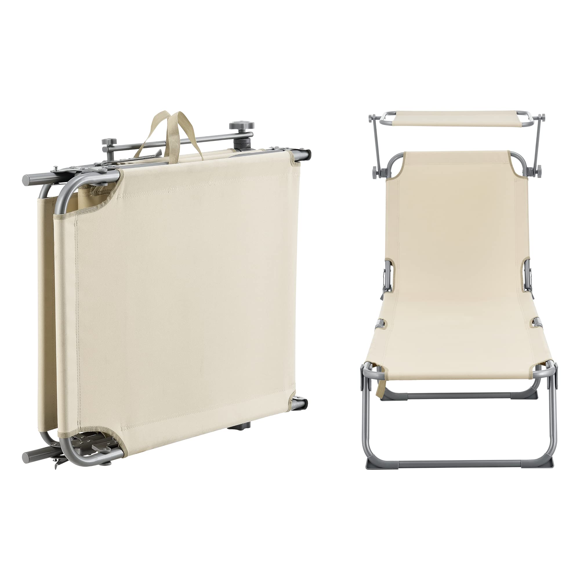 [en.casa] Lettino Prendisole Portatile Sdraio con Tettuccio Parasole Regolabile Lettino con Schienale Reclinabile Struttura Pieghevole Supporto Peso 115 kg - Beige