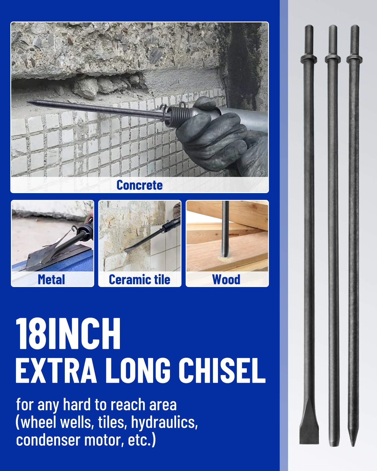 Set di 3 scalpelli pneumatici lunghi 45,7 cm, punte da 1/8" e 3/8" e 3/4" e punte piatte per martello pneumatico con molla, acciaio legato 42 Cr-Mo resistente per calcestruzzo, piastrelle