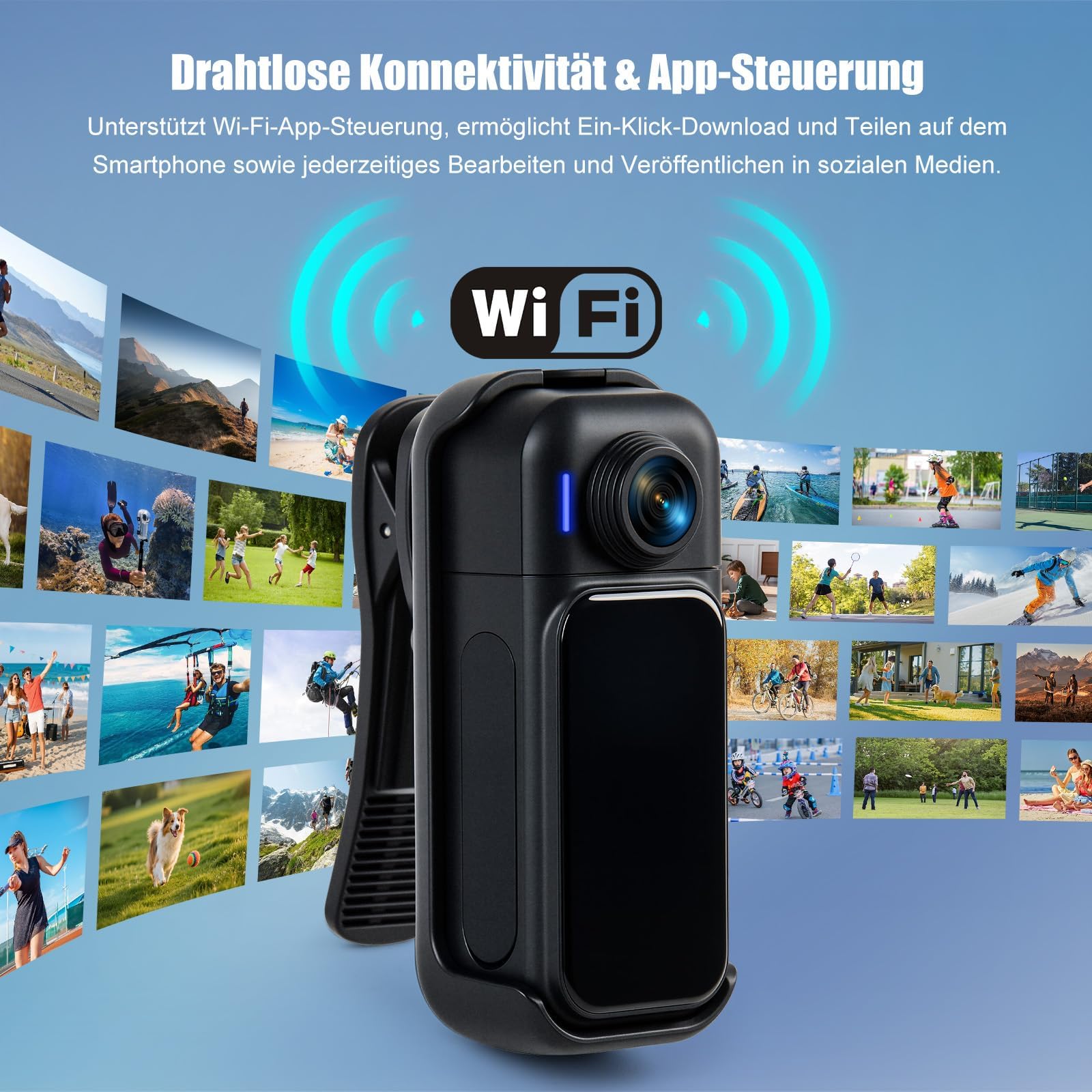 Action Cam Mit Touchscreen, 8-Stunden-Akku, Mini POV Bodycam, Wasserdicht 30M, 120° Weitwinkel, WLAN + 64 GB Karte & 10+ Zubehör für Radfahren, Reisen, Haustiere und Sport