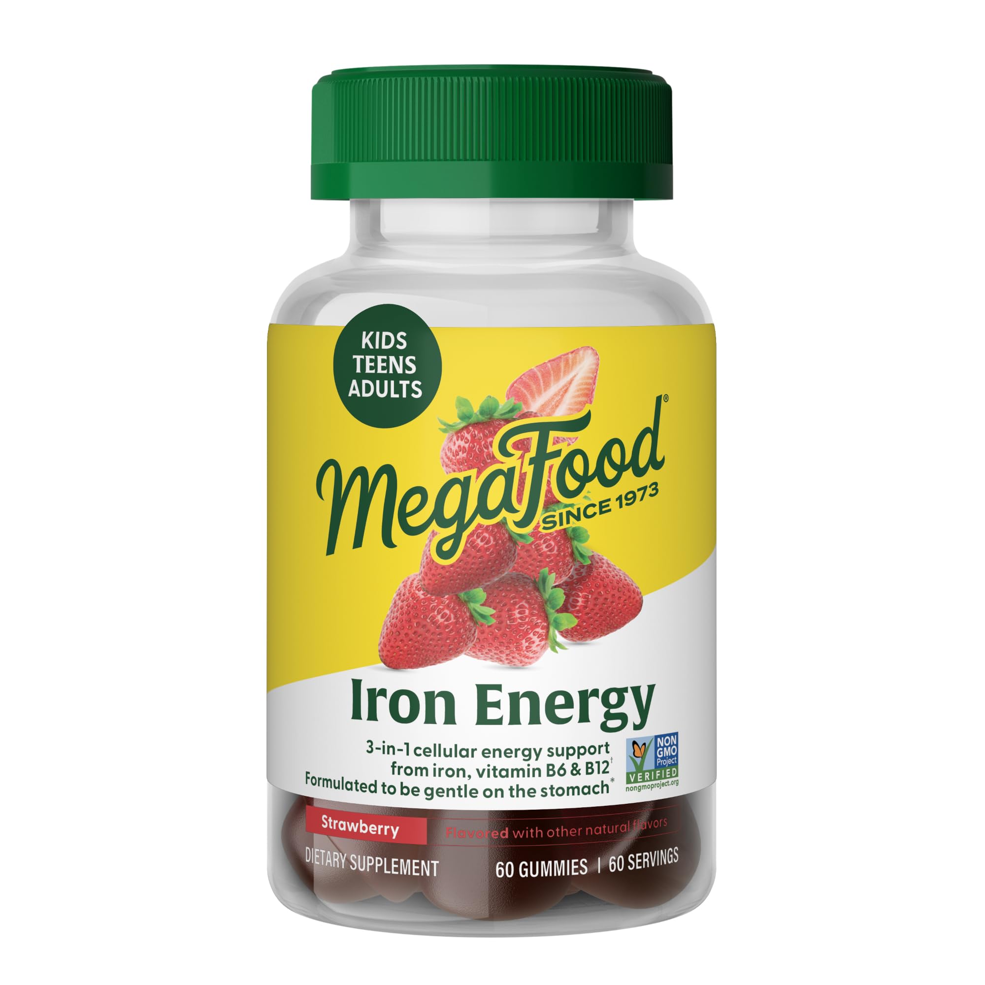 MegaFood Iron Energy Gummies - Vegan & Gluten-Free Iron Supplement for Women, Men, Teens & Kids with Vitamin B12 & B6, from The Makers of Blood Builder Iron Supplement, Strawberry Flavor - 60 Gummies