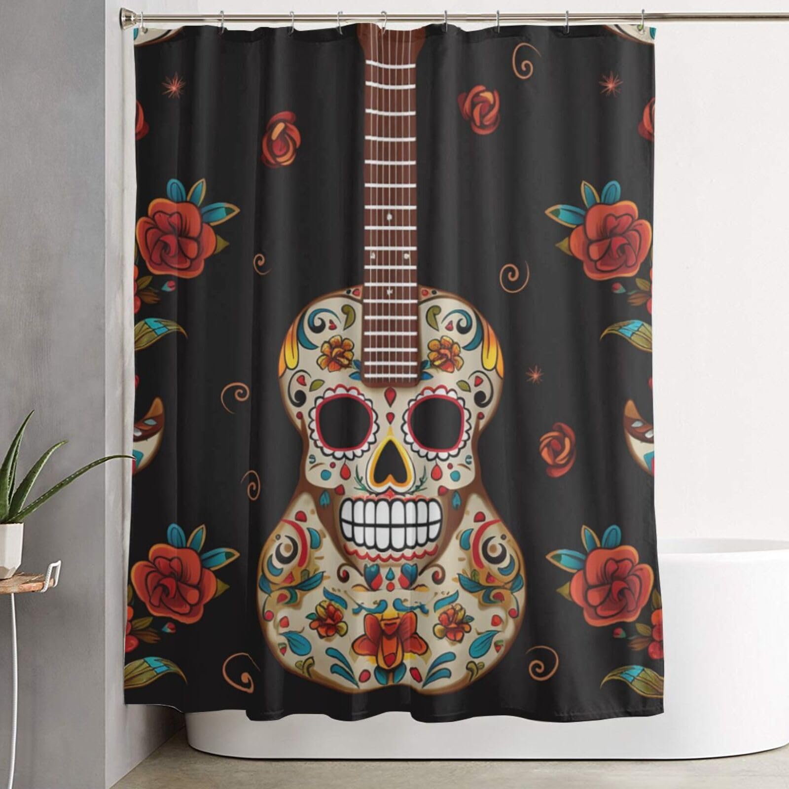 Rideau de douche épais et imperméable avec 12 crochets pour décoration de salle de bain thème guitare