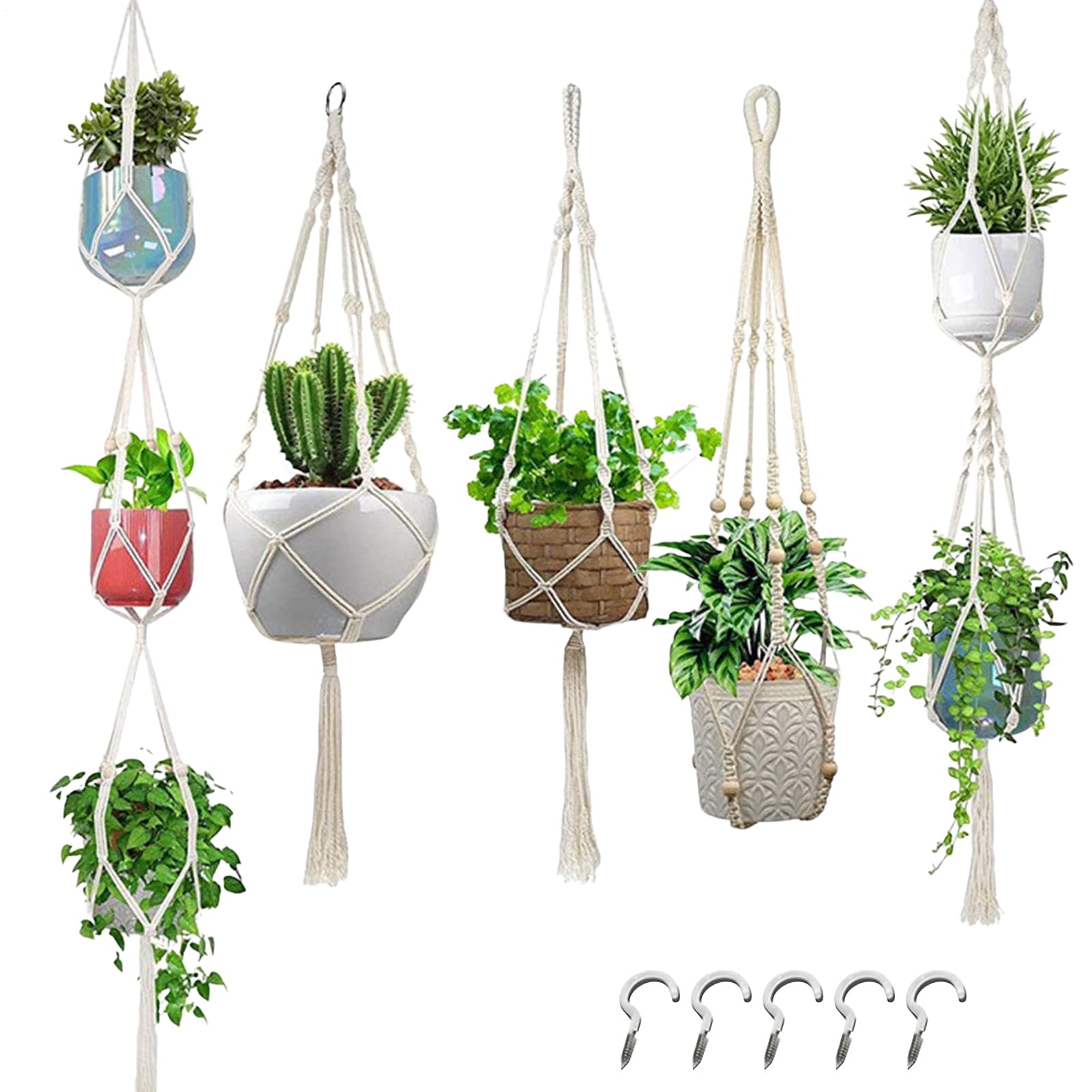 Portavasi Appesi in Macramè Set Di 5 In Stile Boho | Portavasi Per Vasi Da Fiori Da Interno Per Piante Grasse Da Appendere A Soffitto Parete Balcone Camera Da