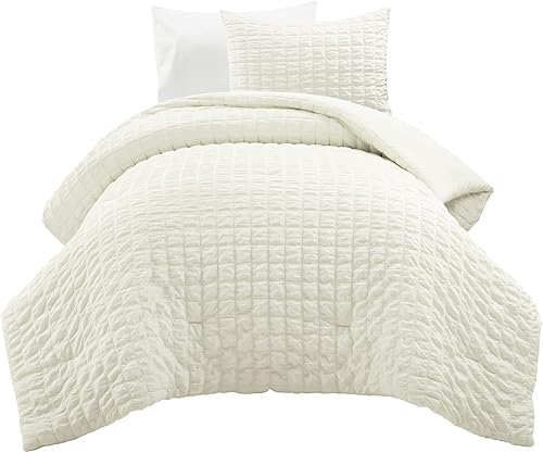 Miniatura 10 de Lush Decor Juego de edredón de 2 piezas con textura arrugada, tamaño individual XL, color marfil