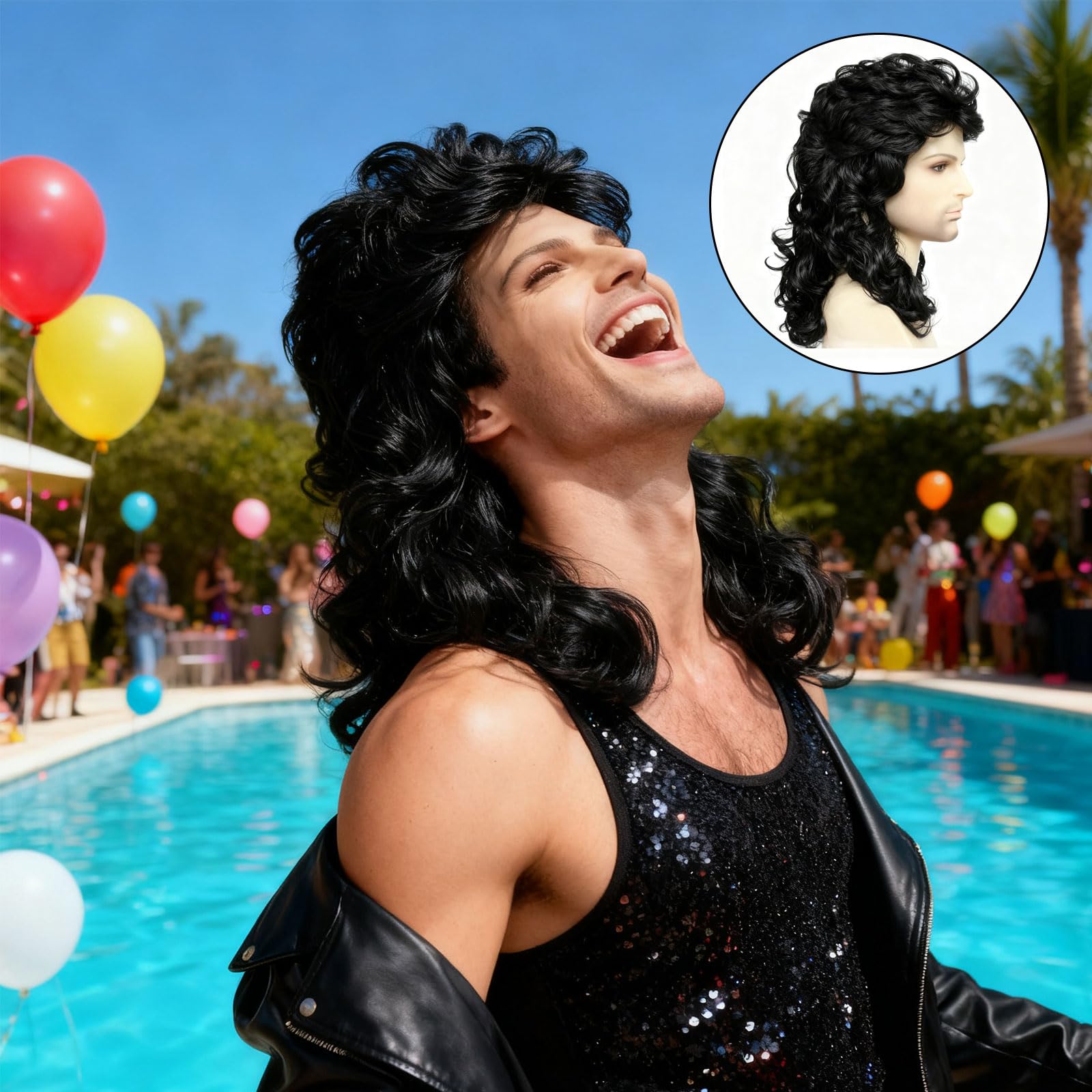 WIG ME UP - CW-028A-P103 Peluca con cinta carnaval los 80 80s mullet estrella película de acción pelo negro