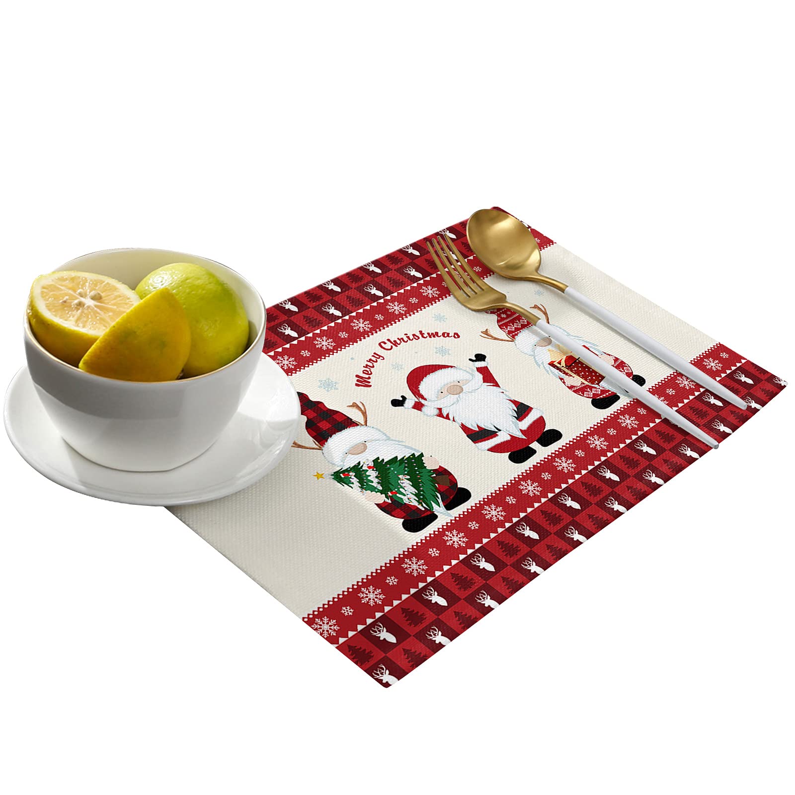 Artwork Store Merry Christmas Placemats Set of 6,Cotton Linen Table Mats Non-Slip Washable Cute Gnomes Snowflake Xmas Tree Reindeer Plaid Placemat for Holiday Party Dining Kitchen Table Decor