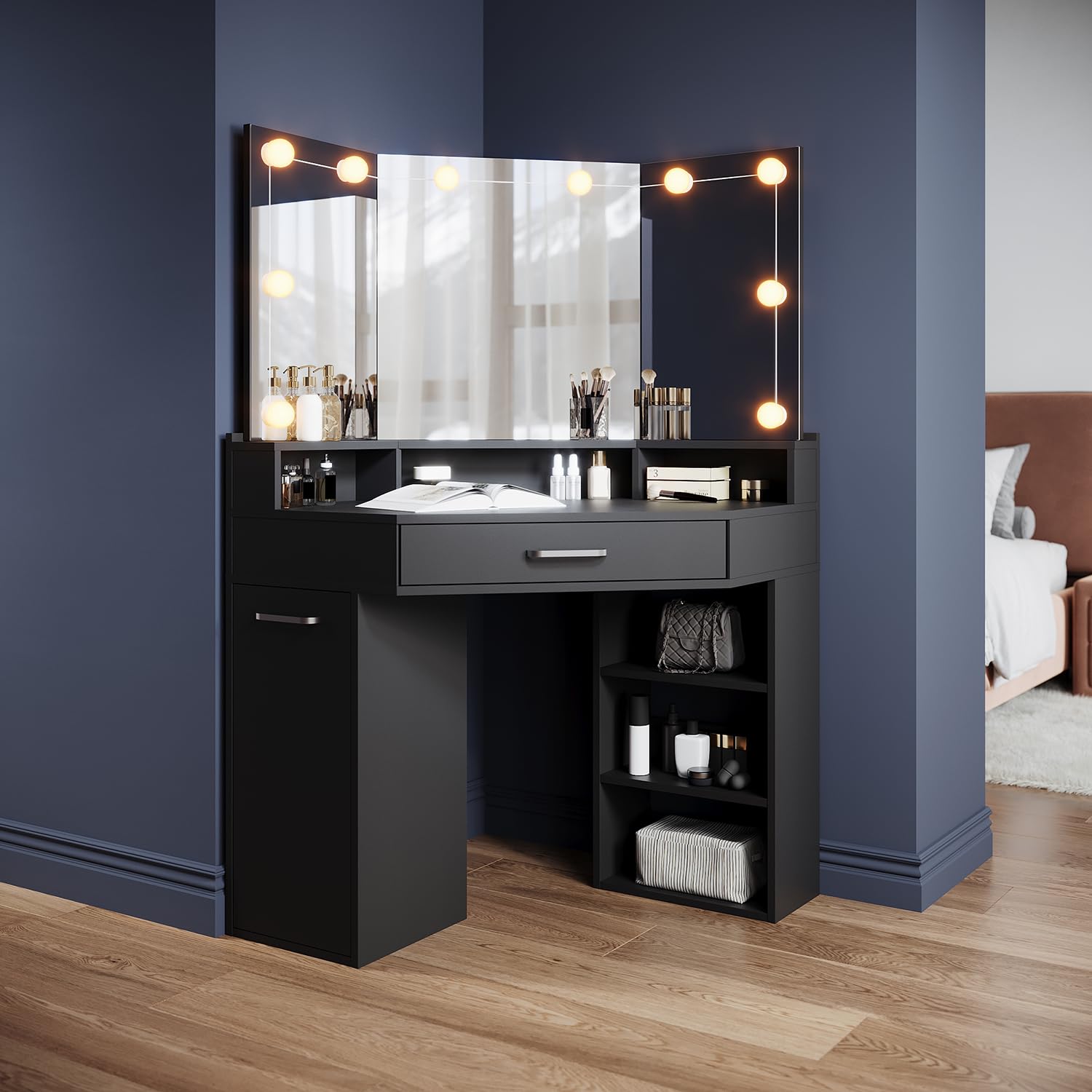 ZANOFIRA Corner Makeup Vanity Desk with 3-Angle Mirror，Black Dressing Table Adjustable Brightness Hollywood Lights, Large Drawer Storage for Women Girls, Bedroom Furniture Girls' Bedroom