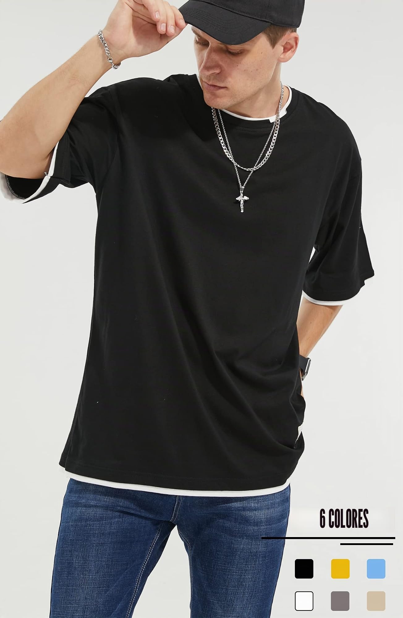 Camisetas Manga Corta Hombre con Contraste de Color Básica T-Shirt Cuello Redondo Verano Ajuste Holgado
