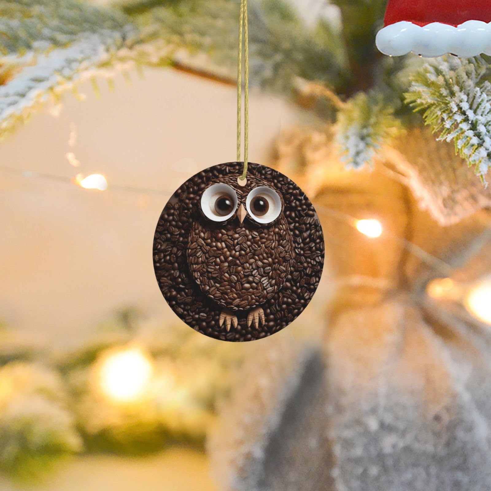Christmas Ornaments for Christmas Tree Decoration Ceramic Hanging Coffee Bean owl Ornament with Gold Ribbon Crafts Round Pendant for Keepsake Gifts Glass Xmas Decor Party Supplies