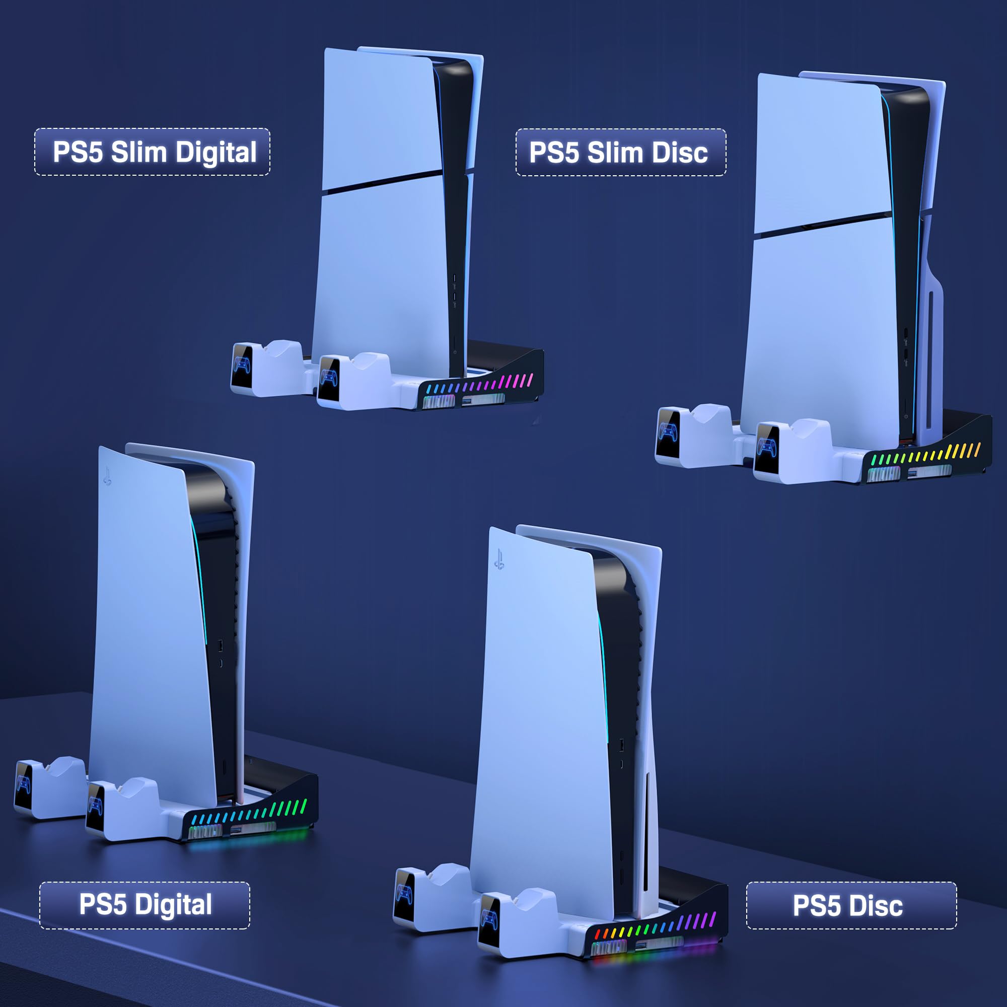 HELLCOOL Supporto PS5 con Ventola di Raffreddamento, Base Verticale per PS5, Stand con Doppio Ricarica Controller, 14 Slot di Gioco, Staffa in Metallo, Luci RGB