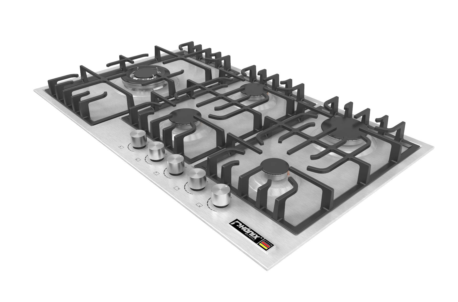Phönix PS-905L - Cocina de gas empotrable (acero inoxidable, 5 placas de cocción autosuficientes (independiente/empotrable) incluye regulador de manguera de gas para botellas de gas propano