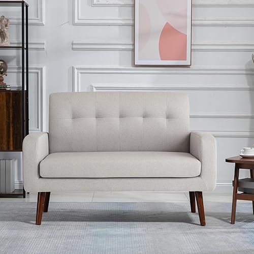 Sepnine 50" Modern Linen/Velvet Fabric Loveseat Sofa,Office Couch for Small Space, Living Room Soft Futon,Small Love Seats Couch for Bedroom (Linen-Beige Grey)