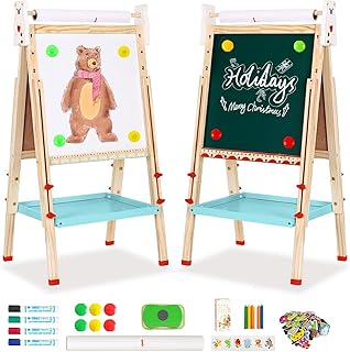 Kids Easel with Paper Roll Double-Sided Whiteboard & Chalkboard Standing Easel with Numbers and Other Accessories for Kids and Toddlers (Bear)