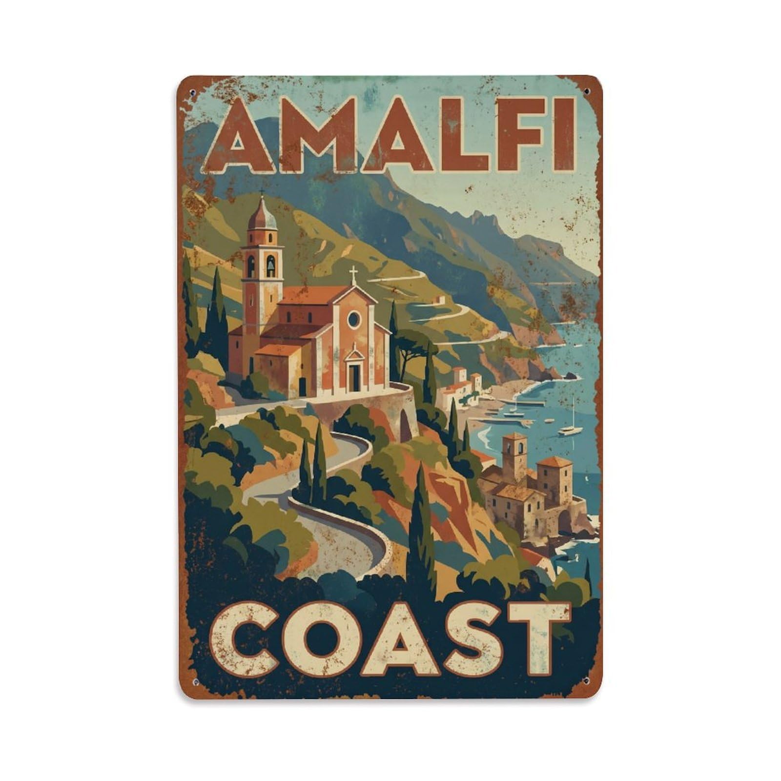 Vintage Travel Chapel Italy Hillside Metal Tin Sign