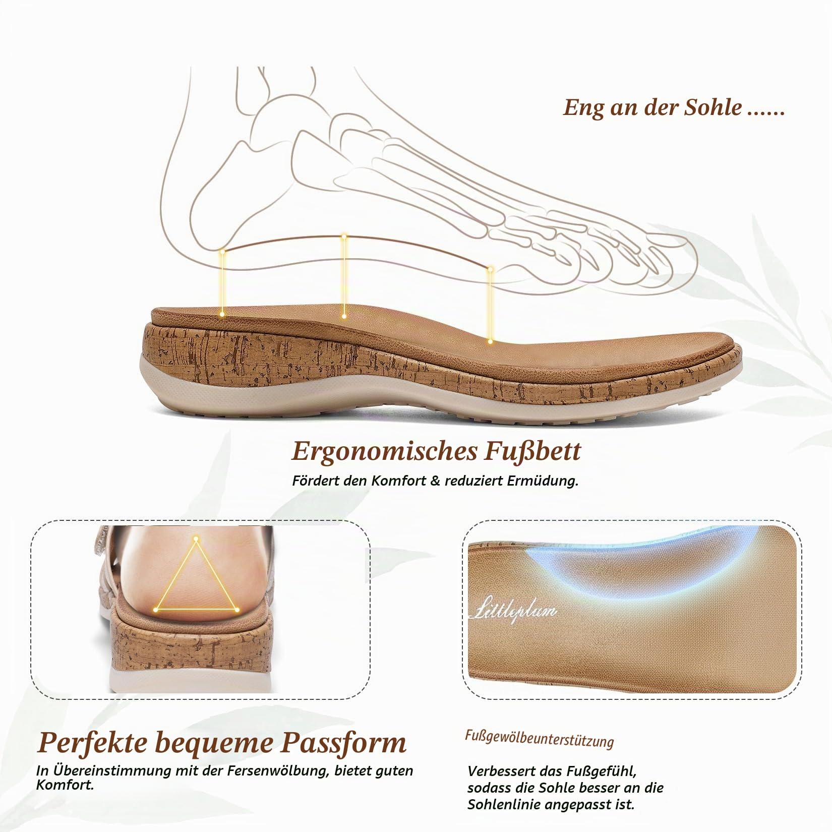 Littleplum Damen Pantoletten Modische Sandalen Frauen Kork-Fußbett mit Arch Support Sommer Latschen Schlappen Hausschuhe Größe 37-42