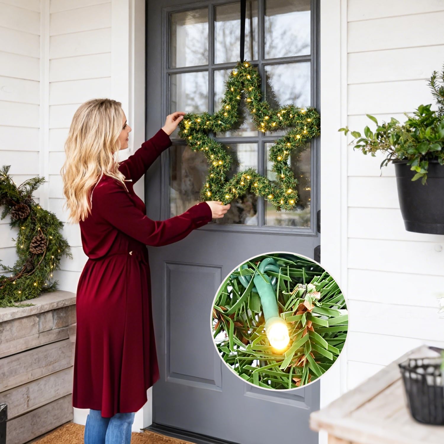 SALCAR Premium Weihnachtsstern 55 cm aus PVC mit 240 Zweigen & warmweißem LED Lichterkette – Festliche Weihnachtsdeko für Tür, Kamin, Balkon oder Garten, batteriebetrieben