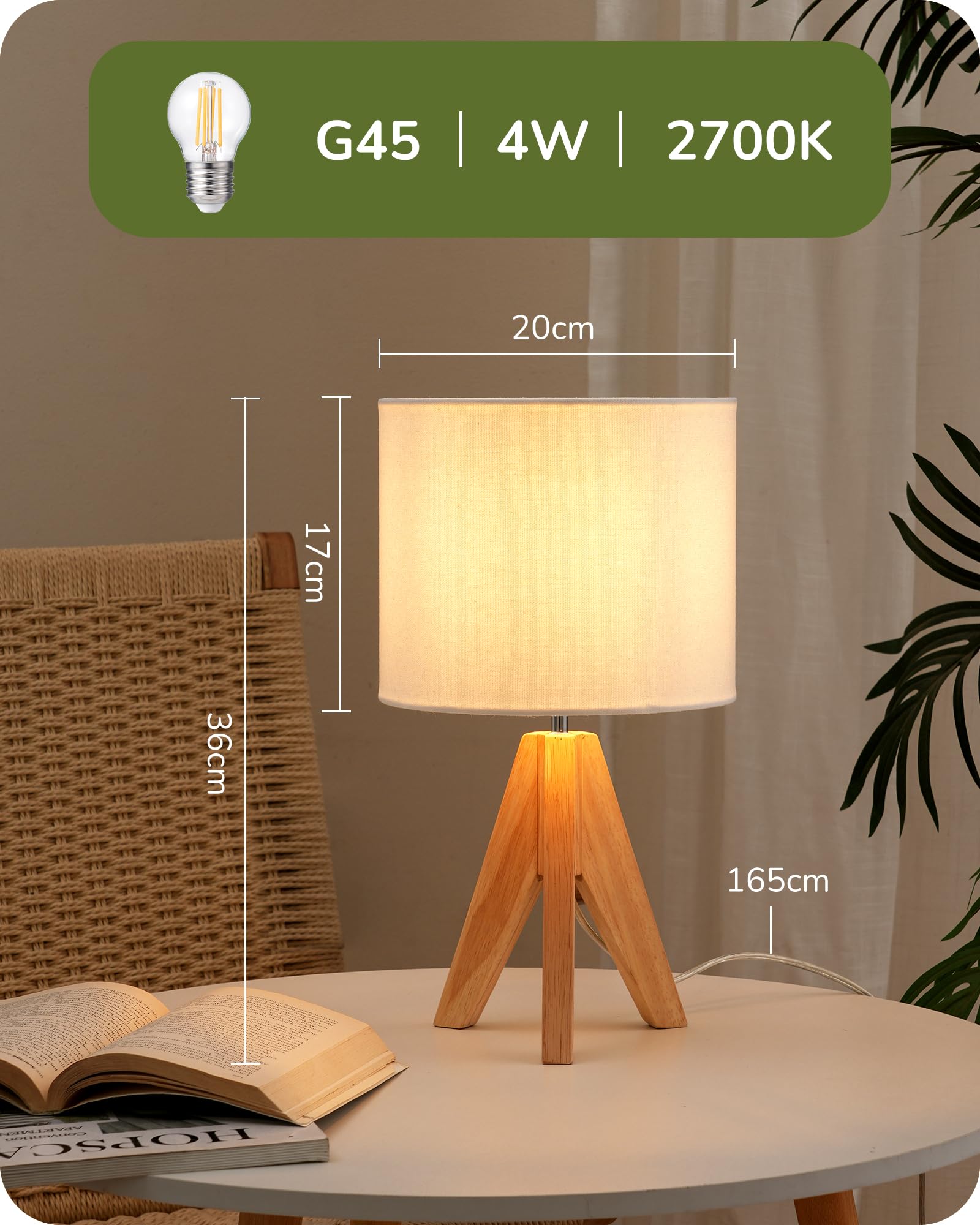 EDISHINE 2-częściowy zestaw lampa stołowa drewno, lampka nocna LED z białym lnianym kloszem, oprawka E27, w zestawie żarówka, lampa stołowa w stylu vintage do sypialni, salonu, prezent [klasa