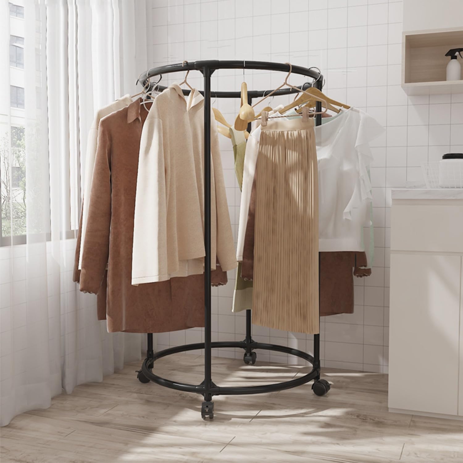 LRZPTDYU Heavy-Duty Freestanding Metal Clothing Rack Round Garment Display for Retail & Home Stylish Organizer for Boutique & Bedroom Durable Black Design for Hanging Clothes