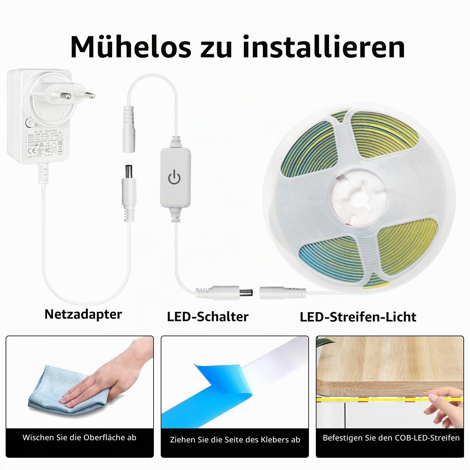 iNextStation COB LED Streifen 10m Blau DC24V mit Netzteil und Fernbedienung | 8mm LED Strip Light CRI93+ Dimmbar Lichtleiste Selbstklebend für Schlafzimmer TV Wohnzimmer Küche Spiegel