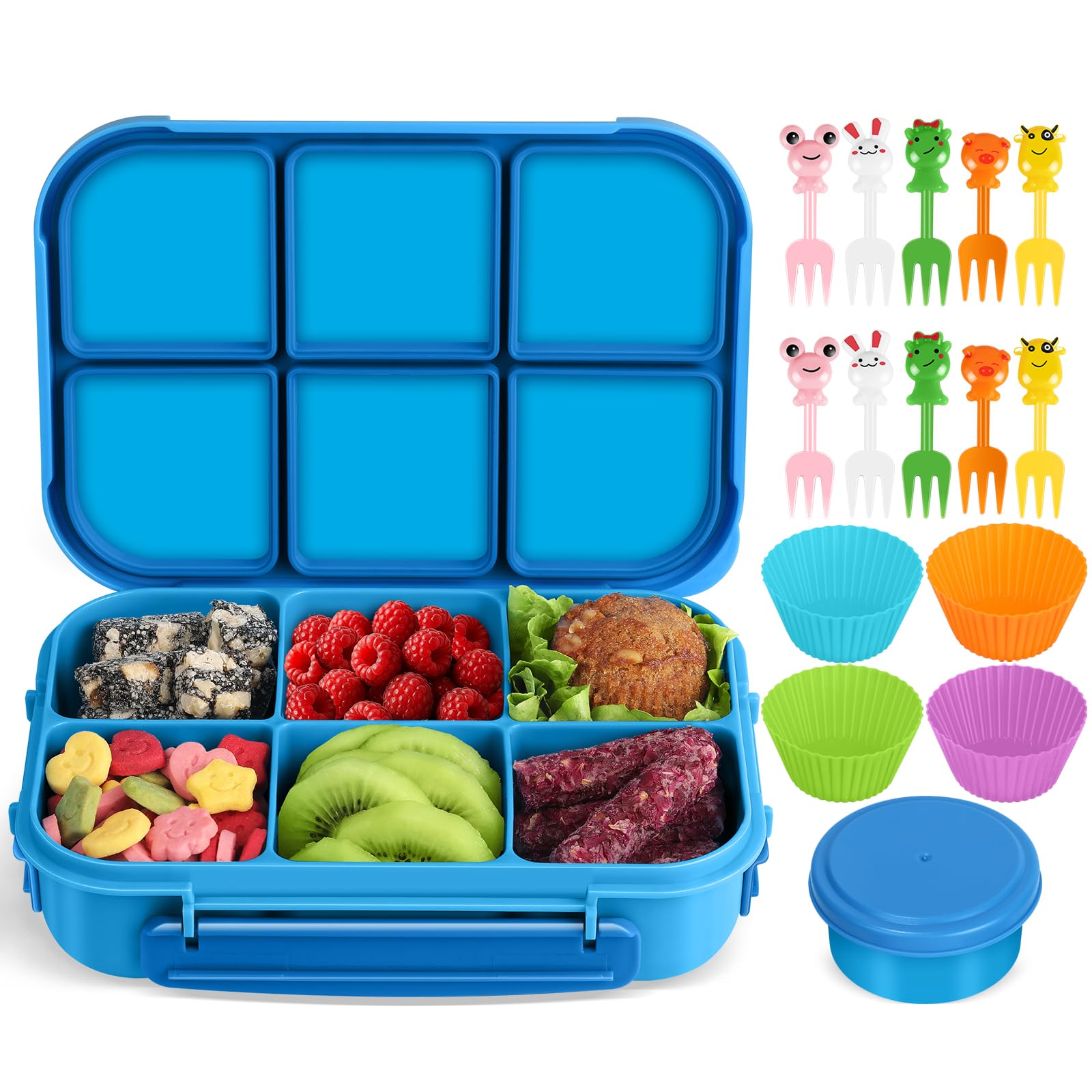 Amathley Brotdose Kinder mit FäChern,Bento Box Kinder,Brotdose Erwachsene,1200ml Lunchbox snackbox mit 6 FäChern,Saucenbehälter,10 Cartoon Bento Obstgabeln und 4 Muffinförmchen (Blau)