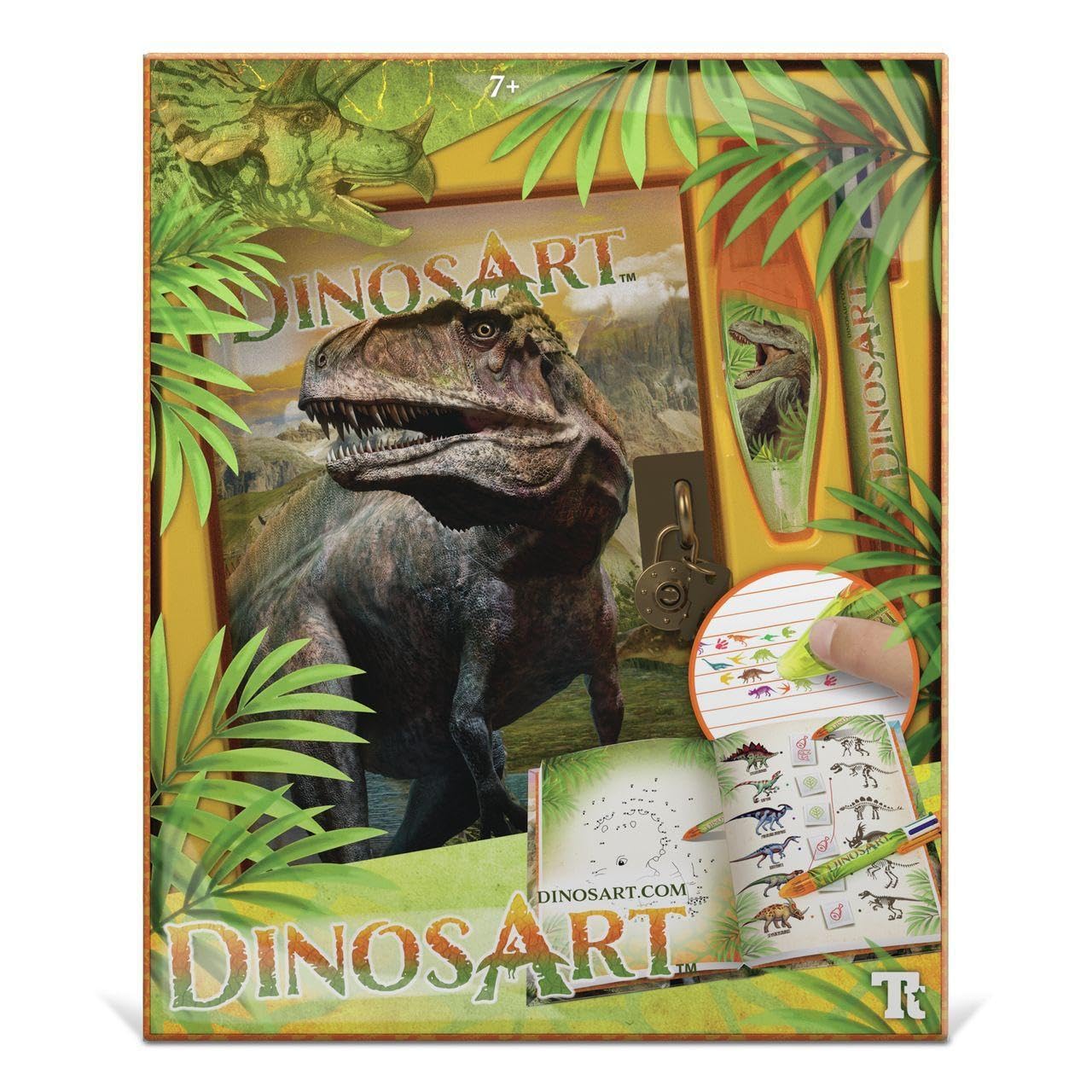 Journal Intime Dinosaure DinosArt + Stylo 6 Couleurs + Applicateur de Motifs - Carnet Secret pour Garçon et Fille, 200 Pages Dont 44 Pages d'Activités, 1 Page d'Autocollants - Enfant 7 Ans et Plus