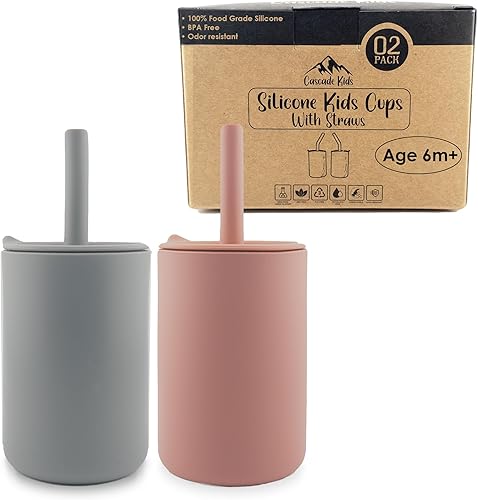 Cascade Kids Vasos de silicona para niños con pajitas y tapas, (paquete de 2), 100% silicona de grado alimenticio, no plástico, sin BPA, irrompible,
